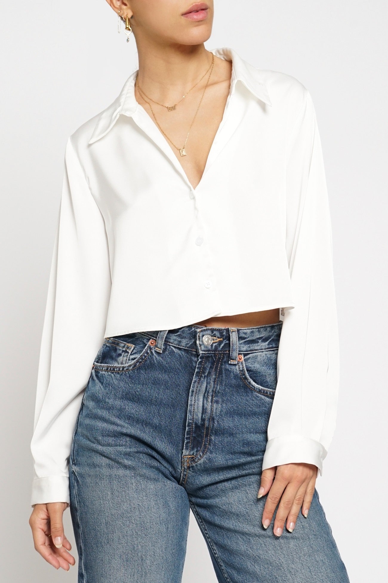 Cropped Satin Blouse with Collar