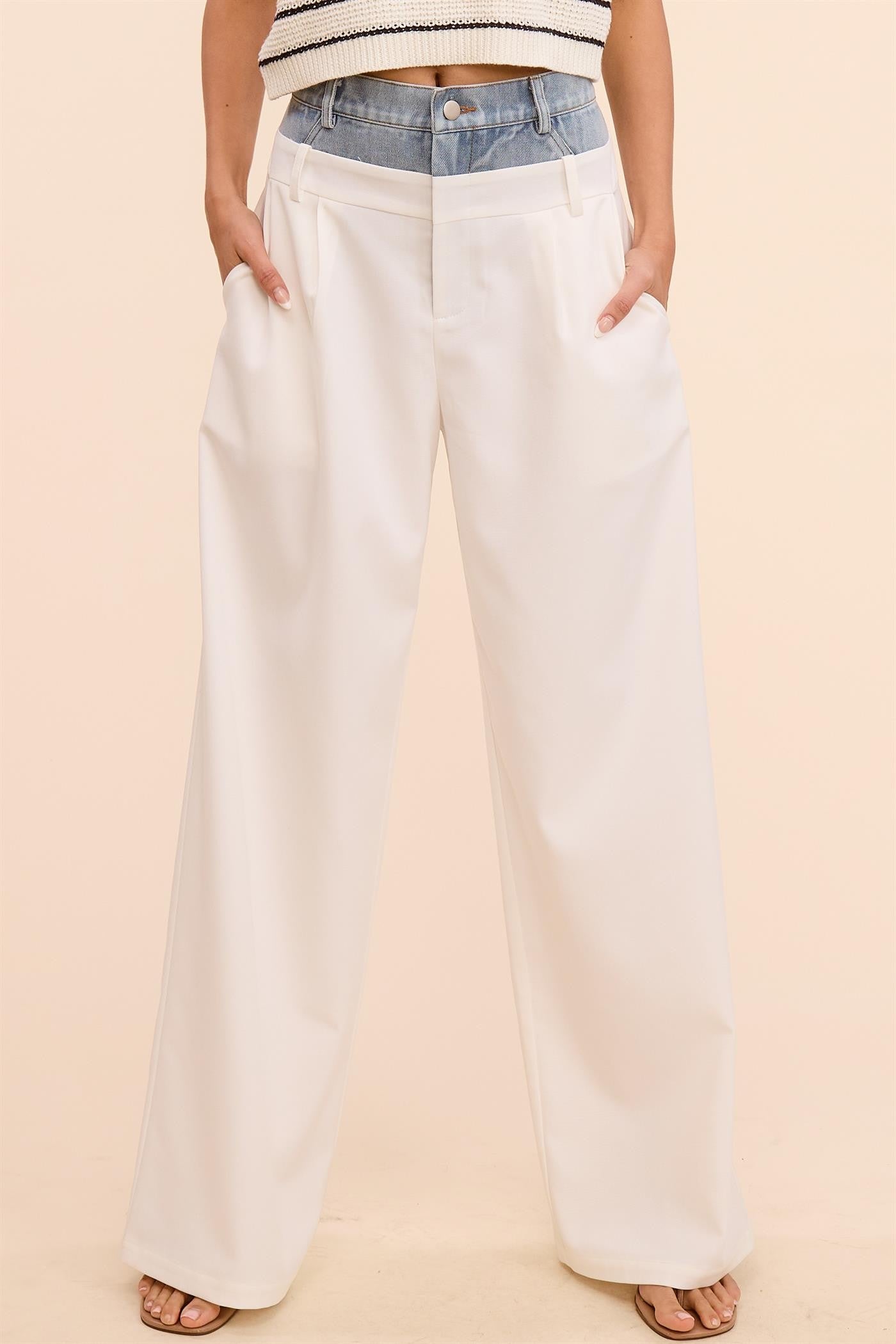 Billie Denim Waistband Solid Wide Leg Trouser Pants