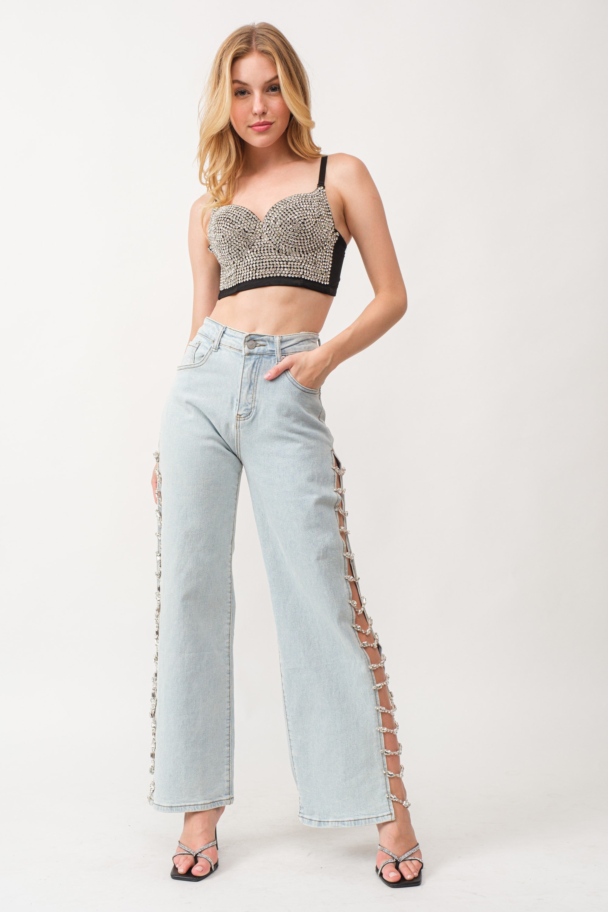 Rhinestone-Embellished High-Waist Stretch Denim Pants