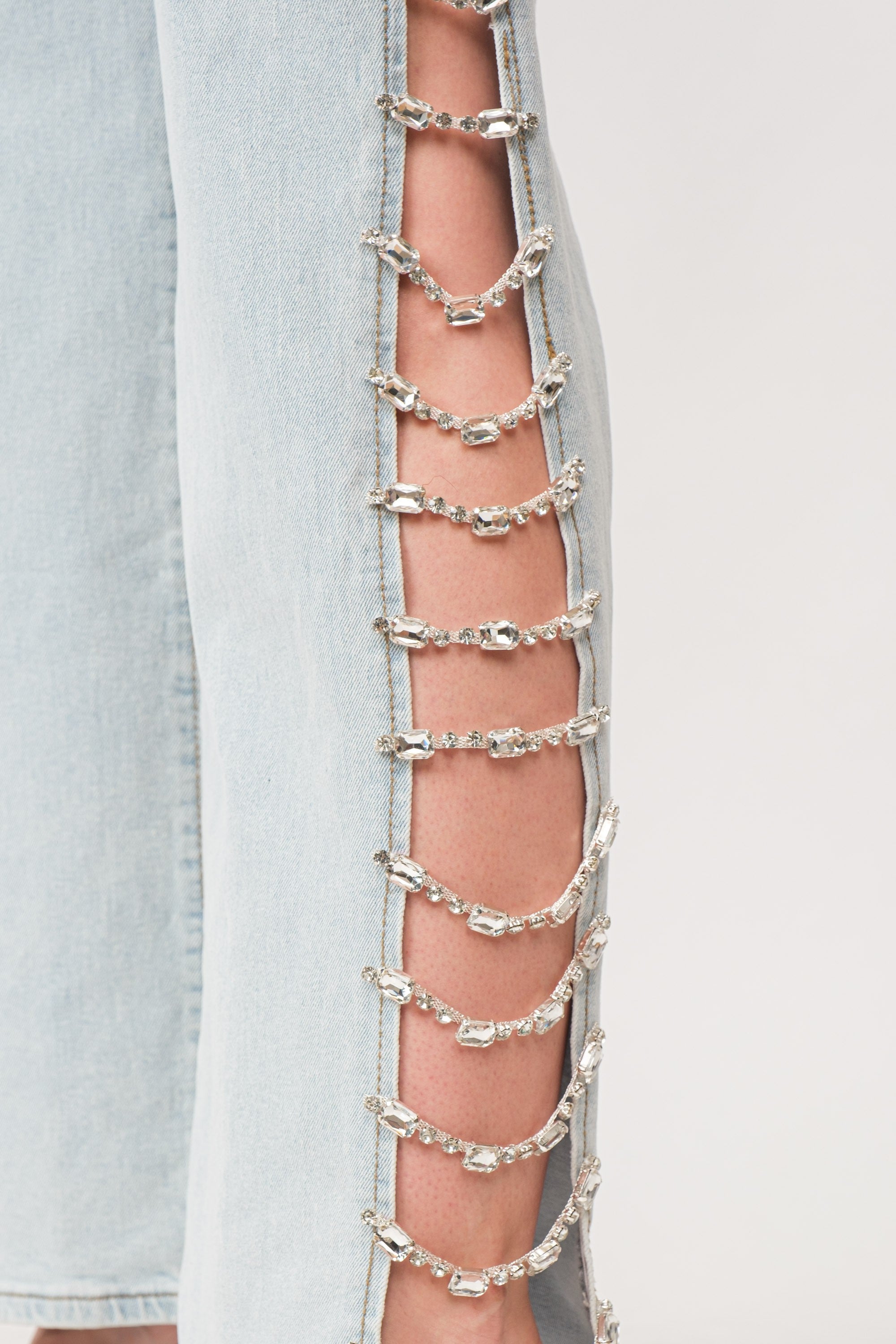 Rhinestone-Embellished High-Waist Stretch Denim Pants