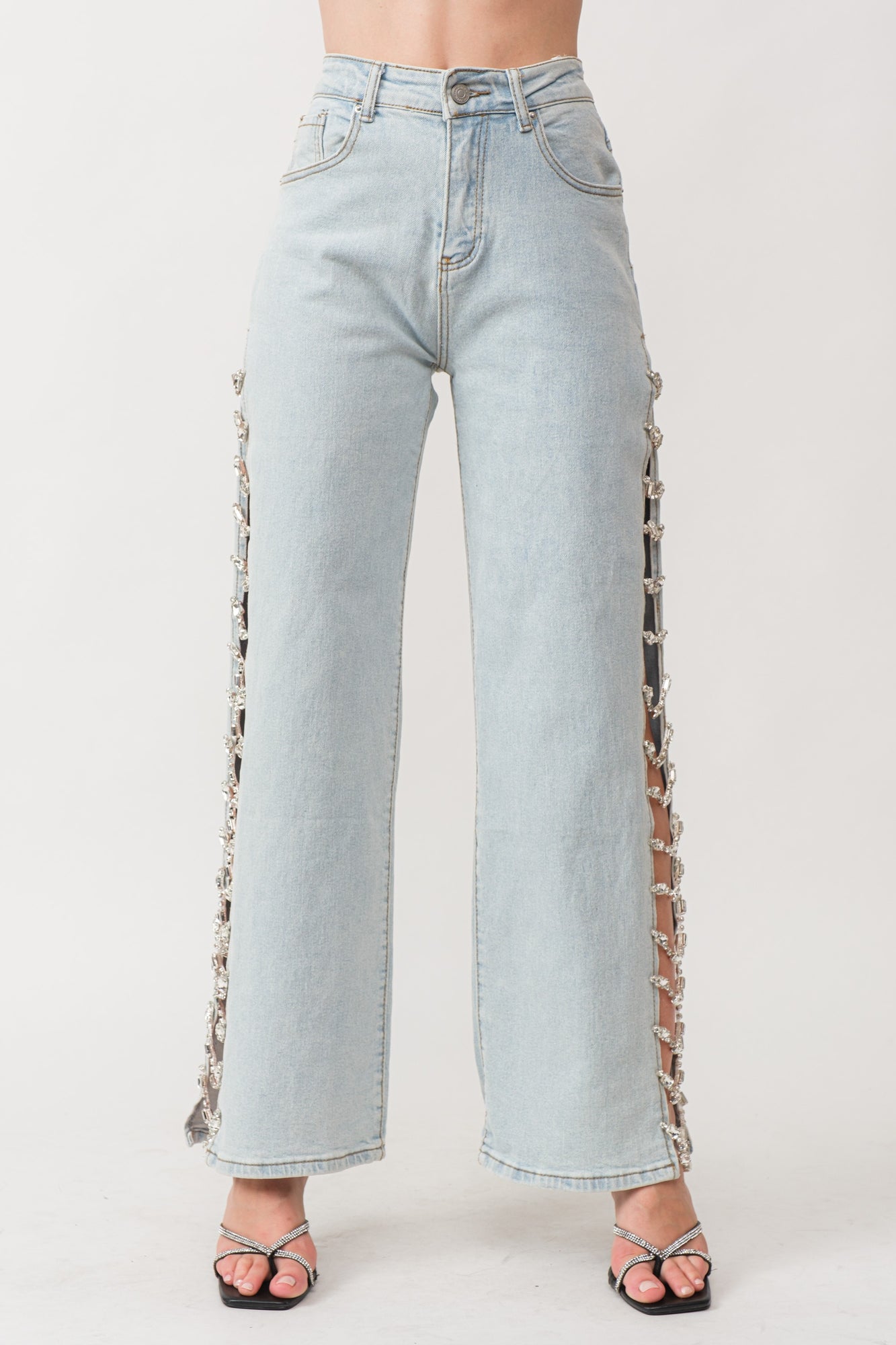 Rhinestone Embellished Jeans with Side Slit