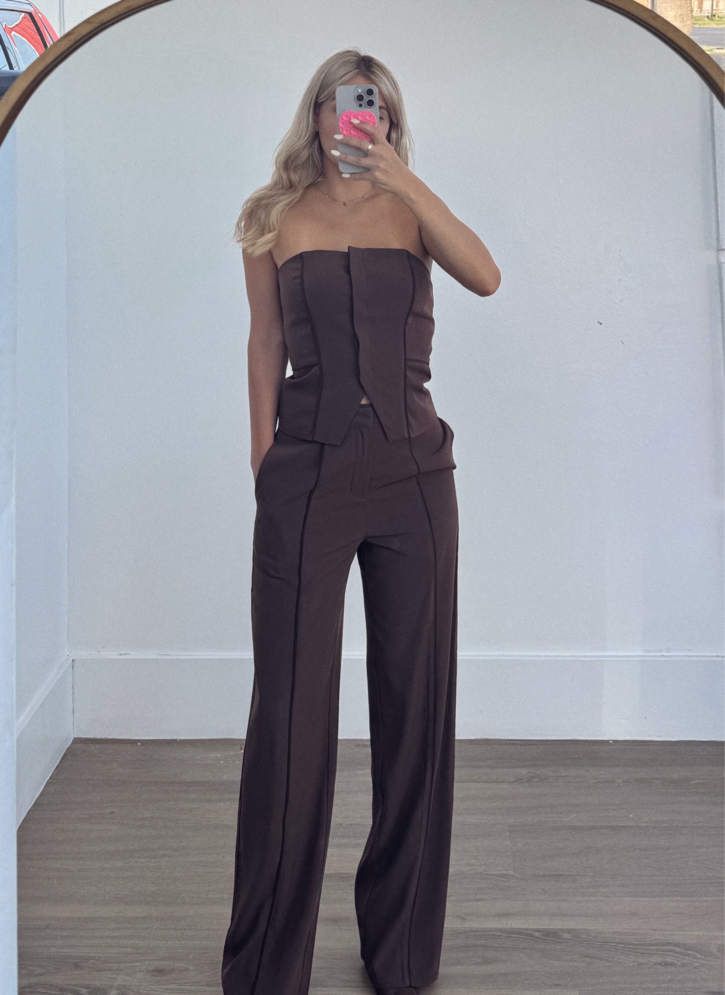 Elegant High Waisted Chocolate Dress Pants with Piping Seams