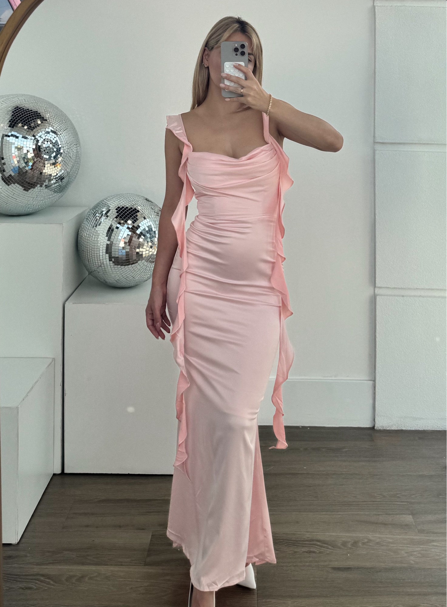 Light Pink Ruffle Maxi Dress with Cowl Neck - Maa Boutique Light Pink Ruffle Maxi Dress with Cowl Neck - Maa Boutique