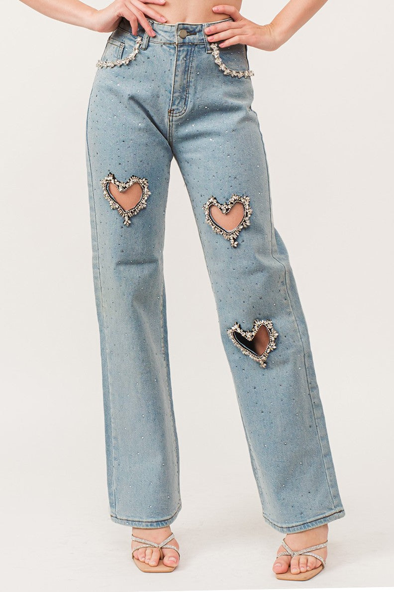 Rhinestone Heart Cutout Embellished High-Rise Denim Pants