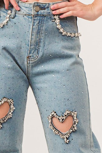 Rhinestone Heart Cutout Embellished High-Rise Denim Pants