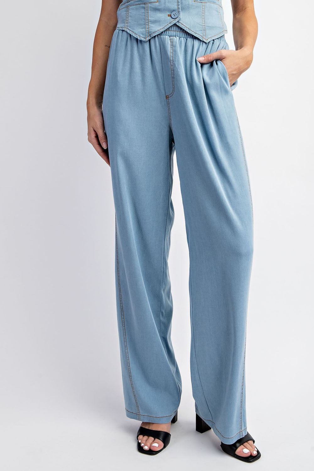 Tencel Denim Vest and Wide Leg Pants Set