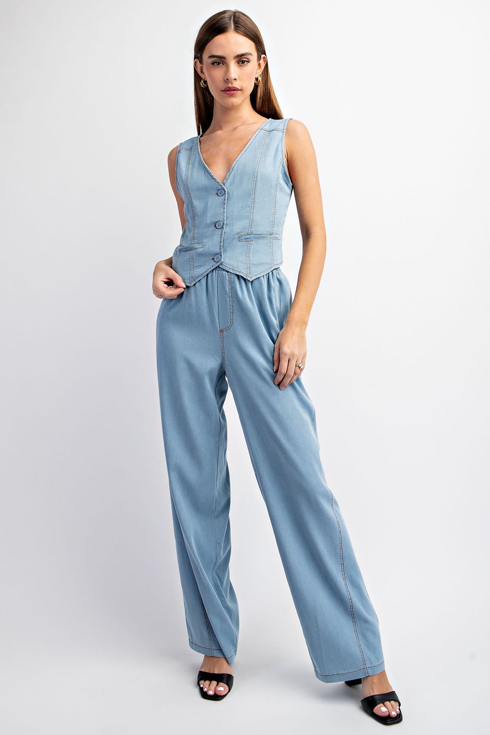 Tencel Denim Vest and Wide Leg Pants Set