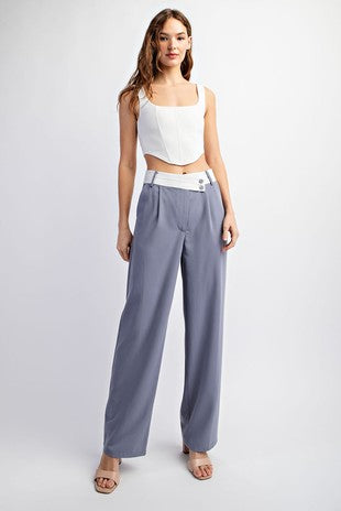 Tailored Pleated Woven Pants with Asymmetric Contrast Waistband