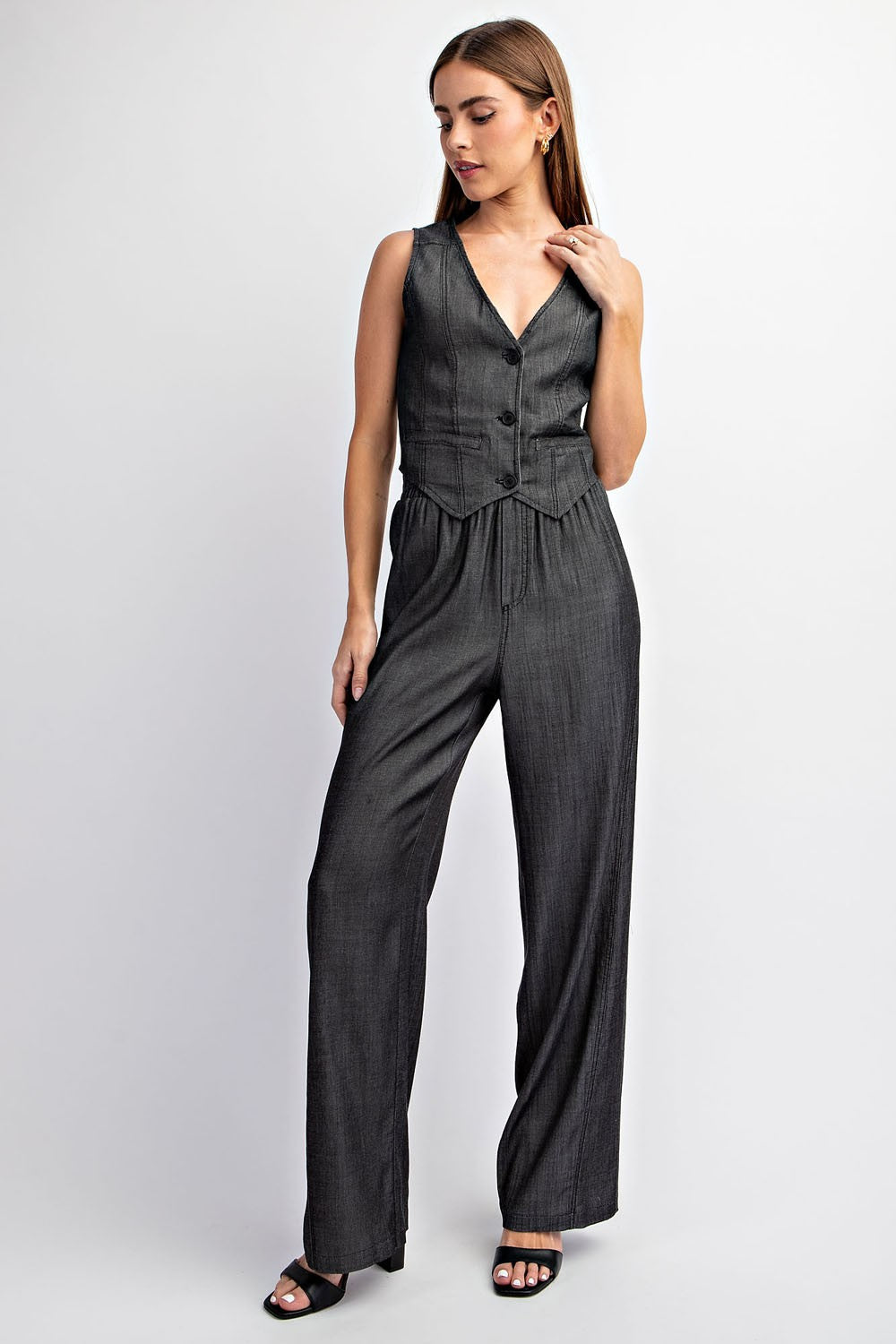 Tencel Denim Vest and Wide Leg Pants Set