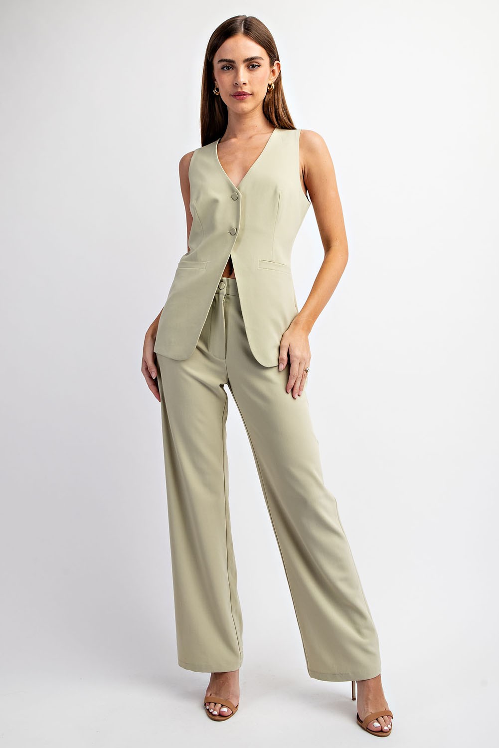 Textured Woven Tailored Long Vest and Pants Set