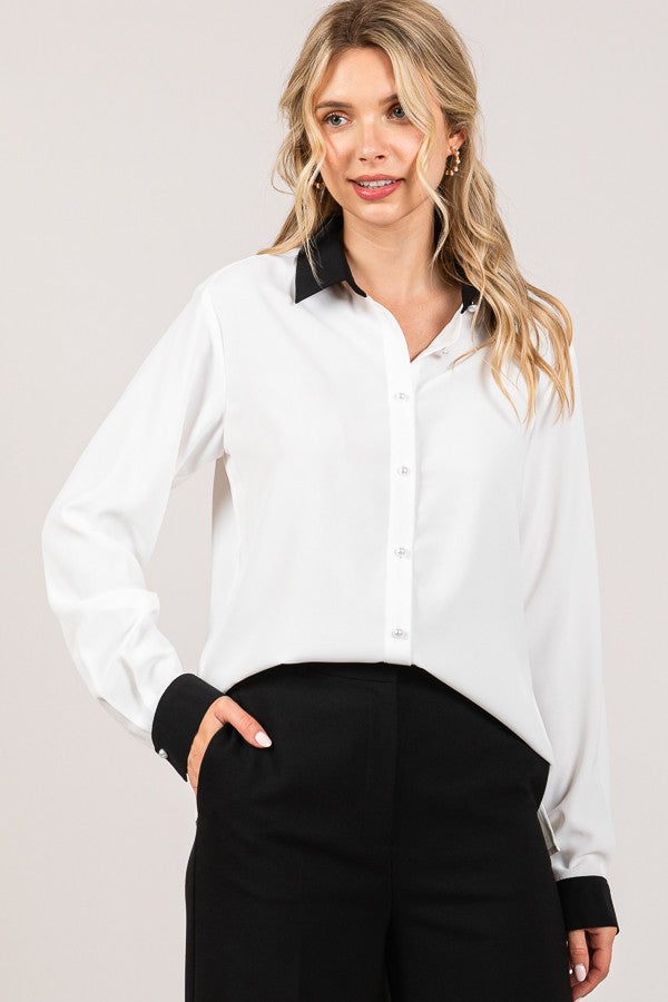 Contrast Crepe Pearled Button Dress Shirt