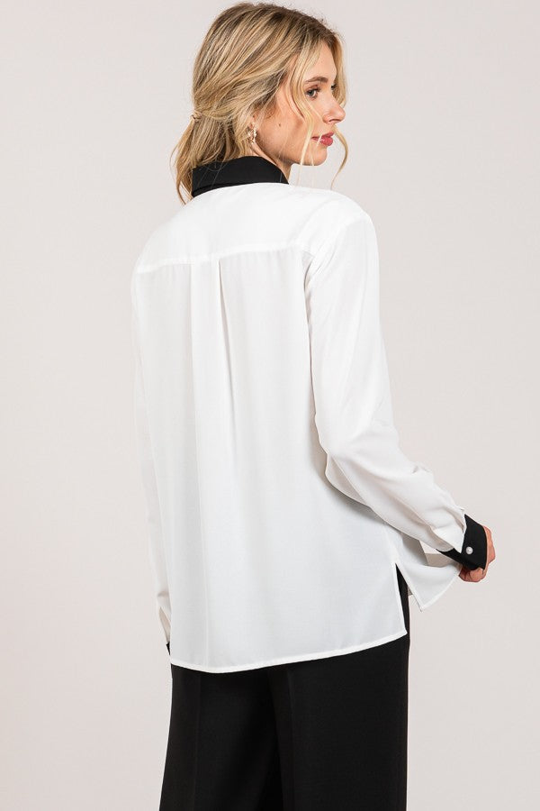 Contrast Crepe Pearled Button Dress Shirt