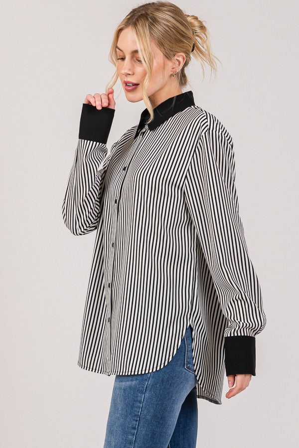 Contrast Collar & Cuff Striped Crepe Dress Shirt