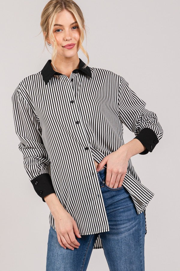 Contrast Collar & Cuff Striped Crepe Dress Shirt