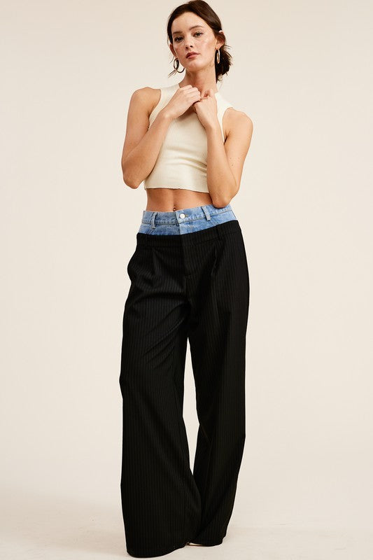 Denim Waistband Contrast Wide Leg Trousers - Billie Trousers