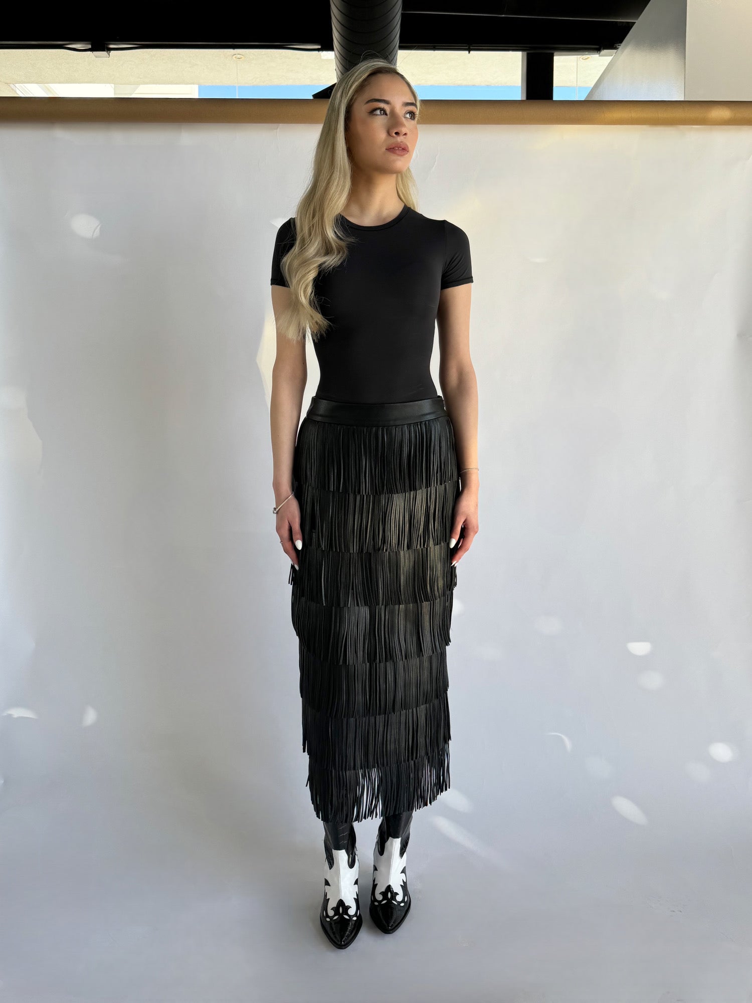 PU Fringe Maxi Skirt with Side Slit