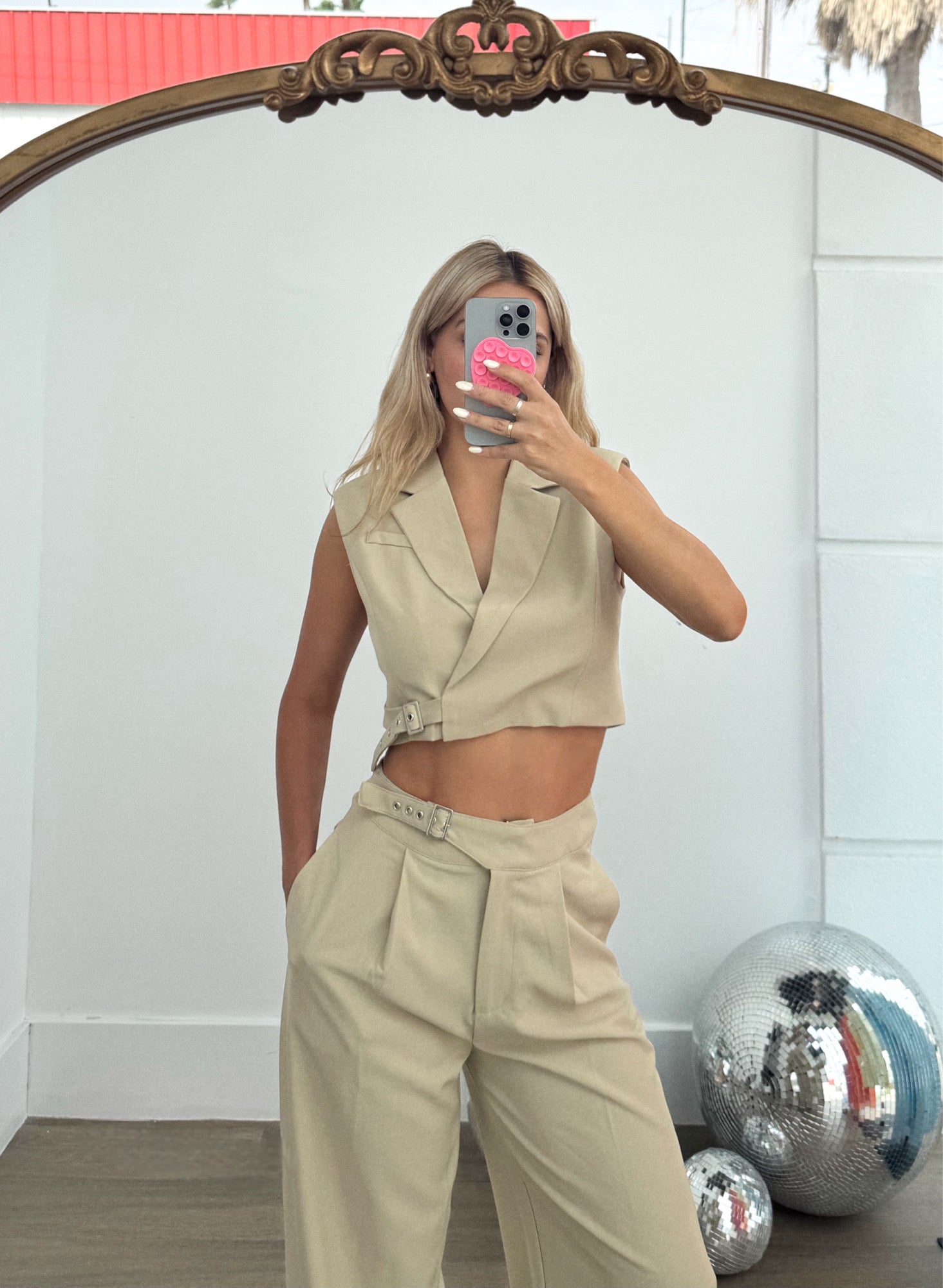 Elegant Cropped Blazer Vest Top with Buckle Detail
