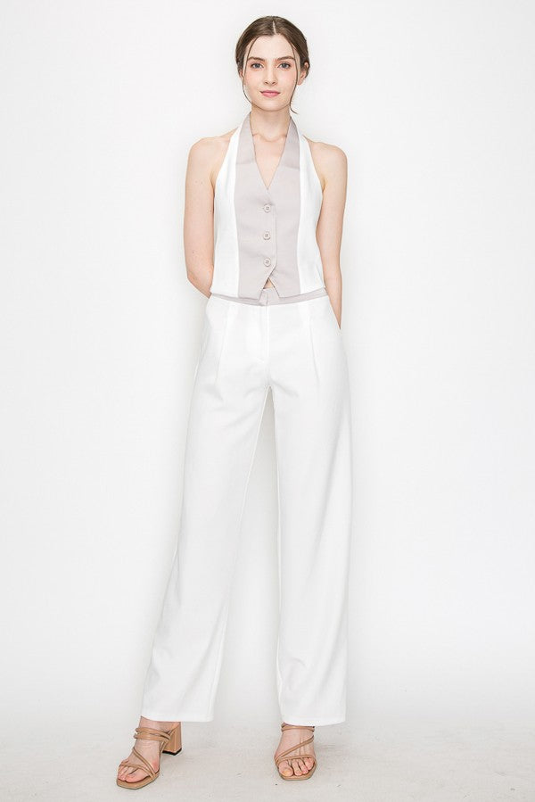 Contrast Satin Wide-Leg Pants and Halter Neck Vest Set