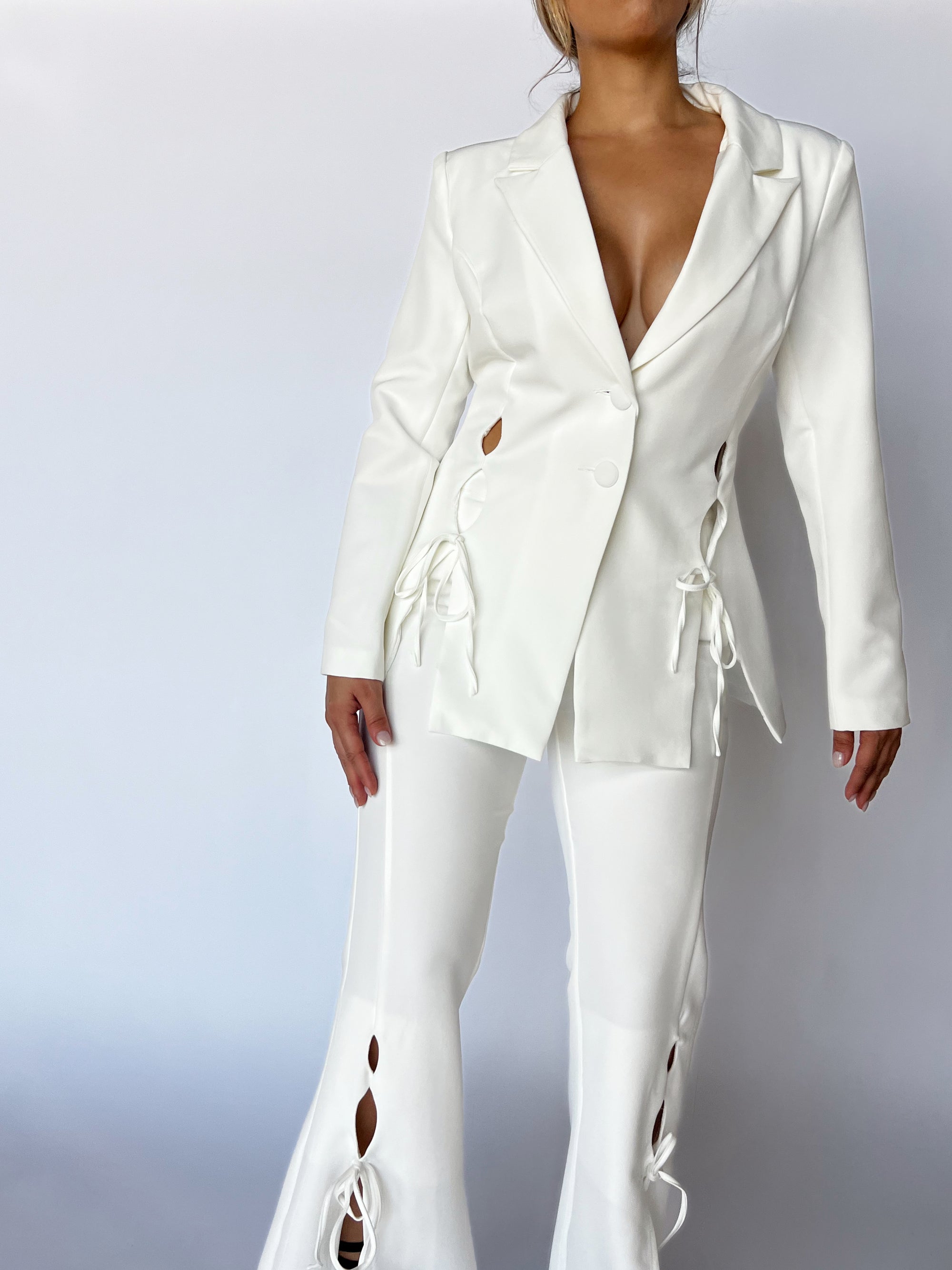 Ivory Elegance Lace-Up Pantsuit Set