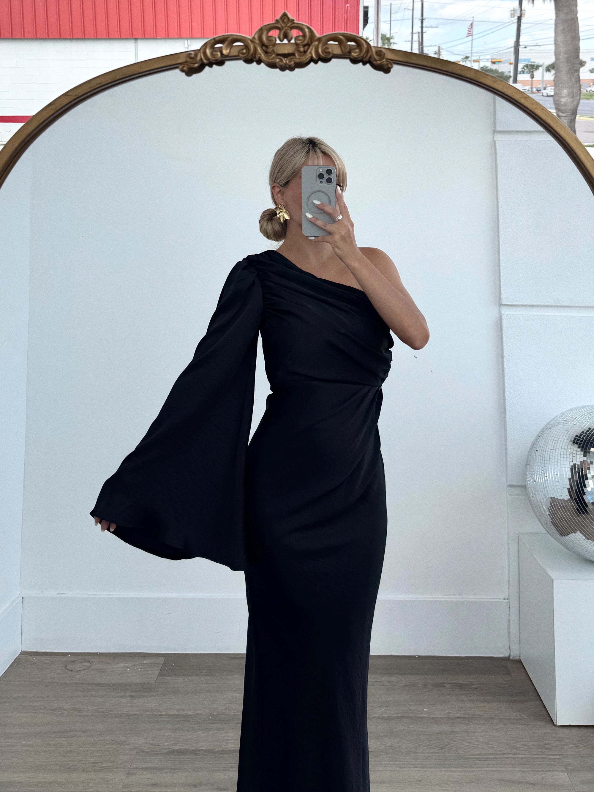 Elegant Gathered Flutter One Sleeve Maxi Dress