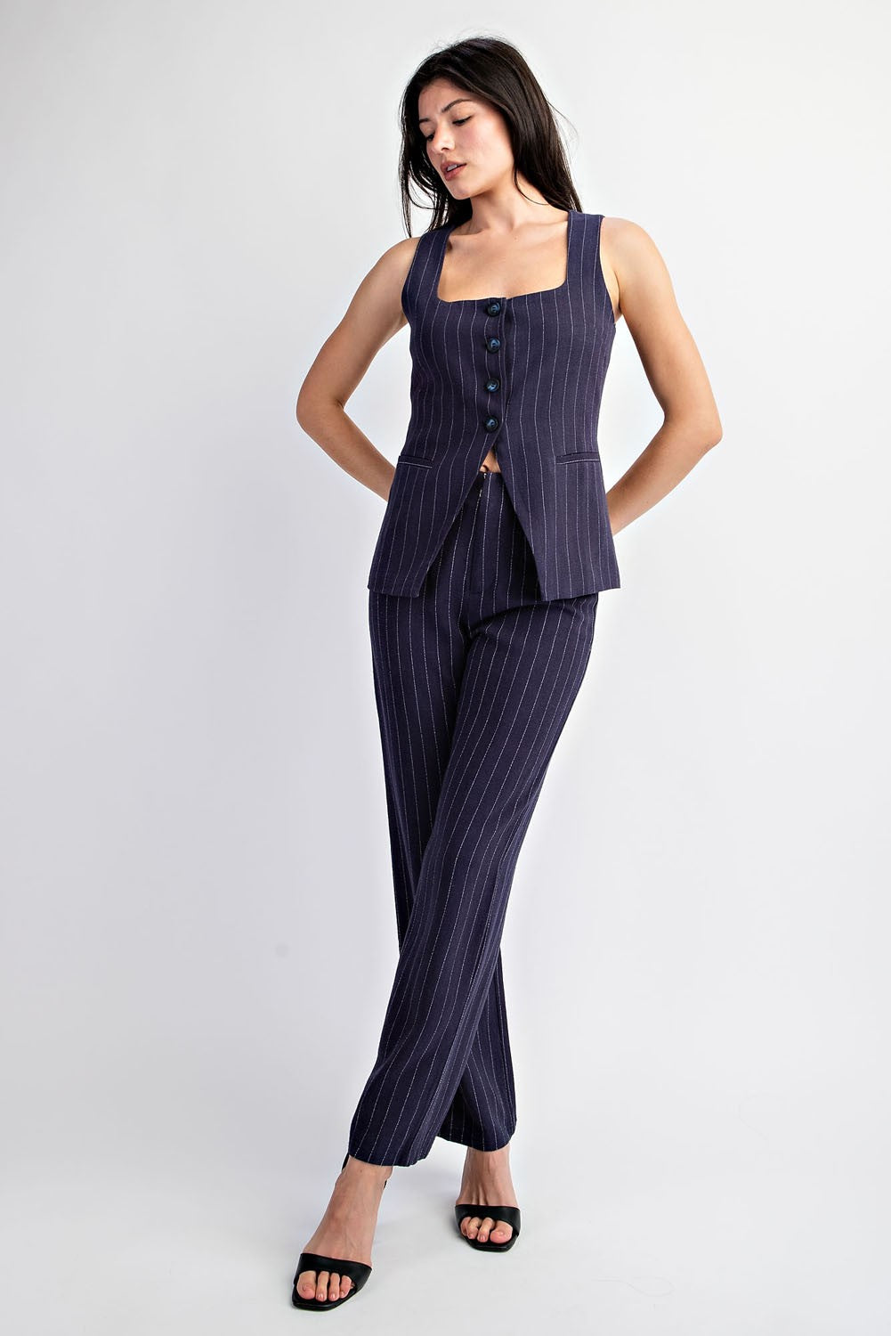 Elegant Woven Stripe Square Neck Vest with Full Lining & Matching Blended Stripe Long Pants