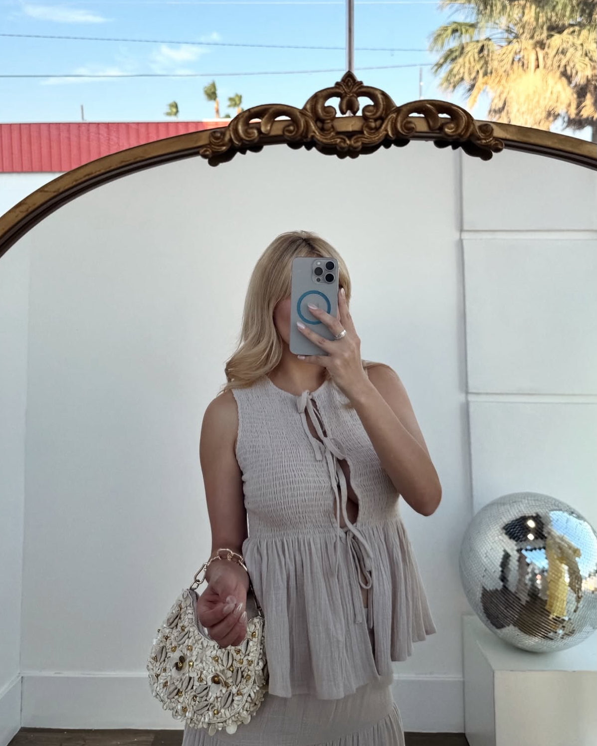 Gauze Peplum Top and Tiered Palazzo Pants Set