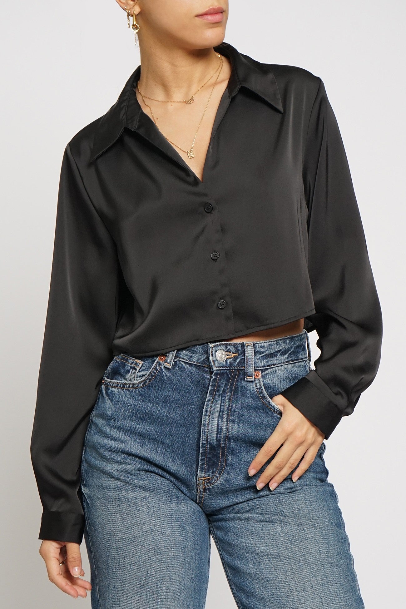 Cropped Satin Blouse with Collar