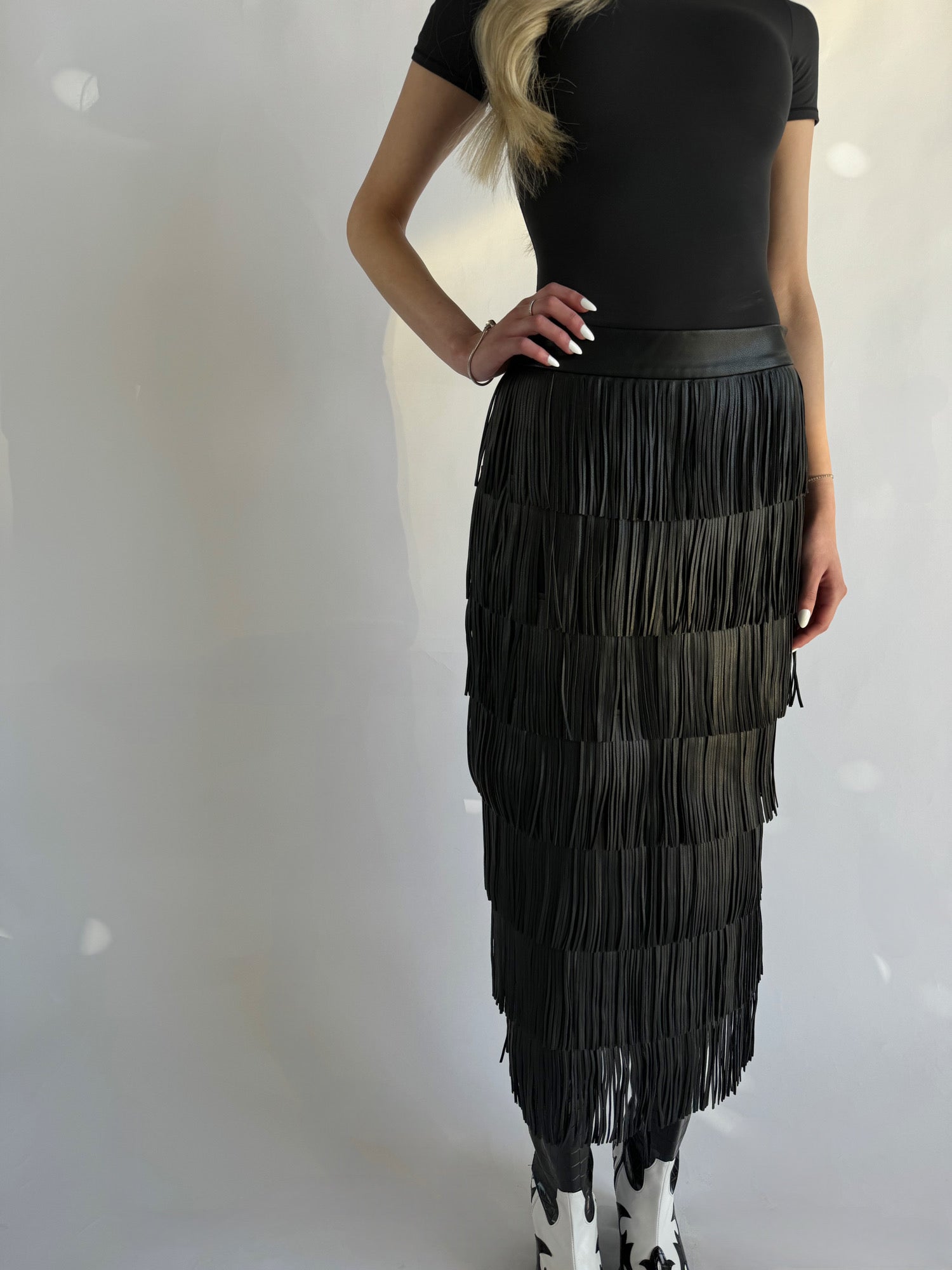 PU Fringe Maxi Skirt with Side Slit