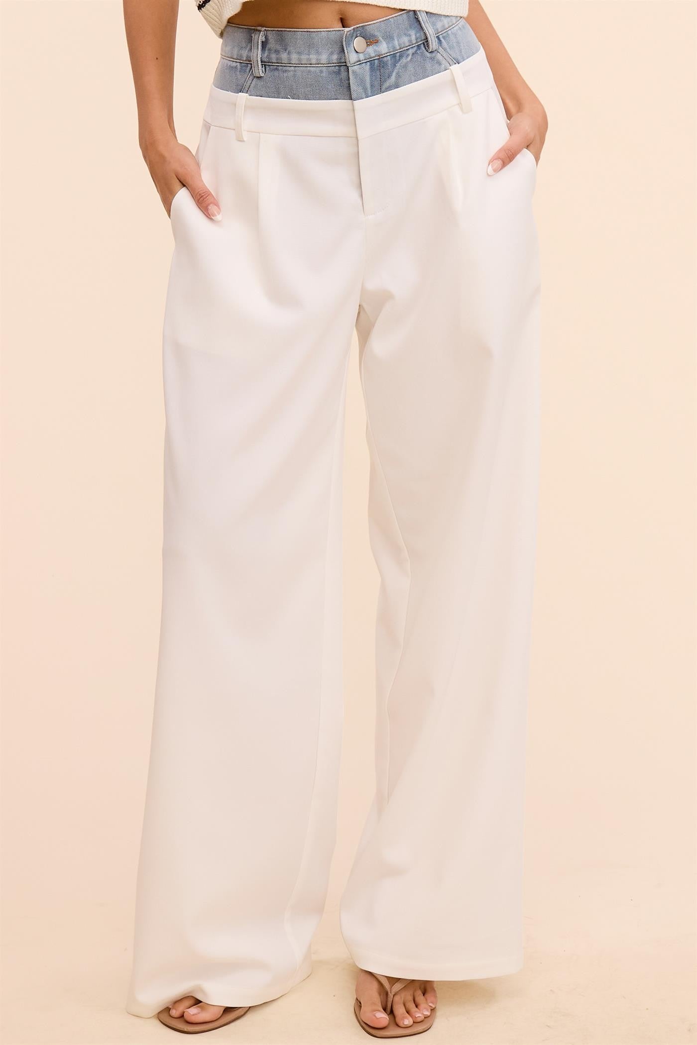 Billie Denim Waistband Solid Wide Leg Trouser Pants