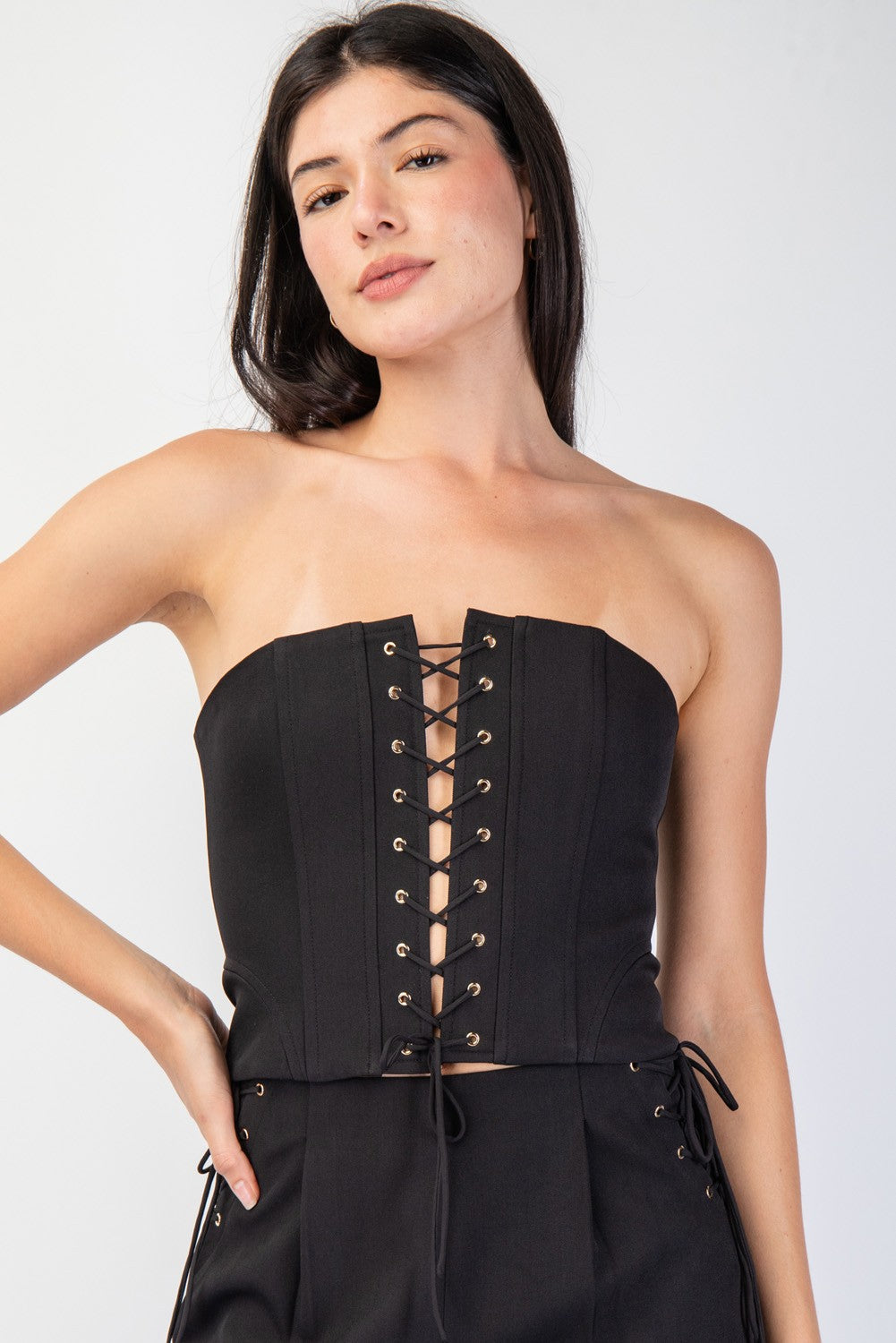 Lace-Up Front Corset Tube Top & Lace-Up Detailed Woven Pants Set