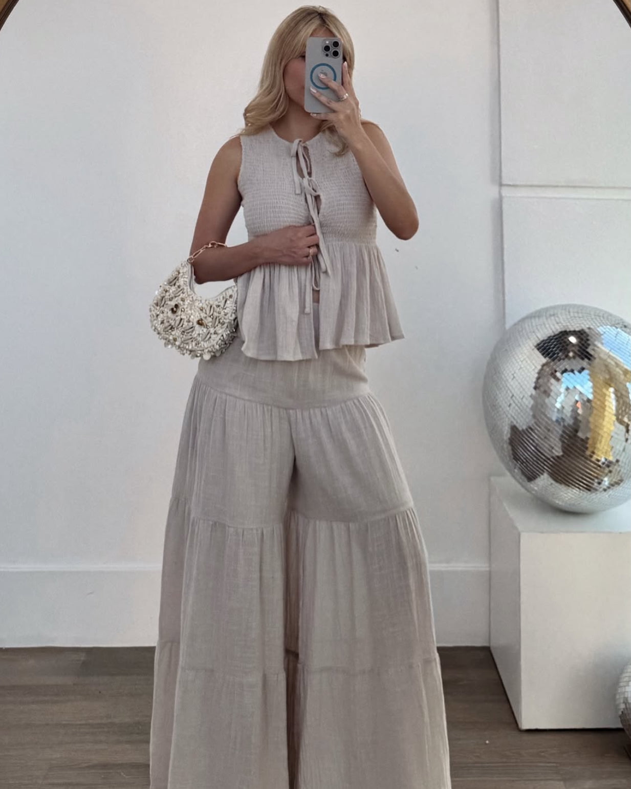 Gauze Peplum Top and Tiered Palazzo Pants Set