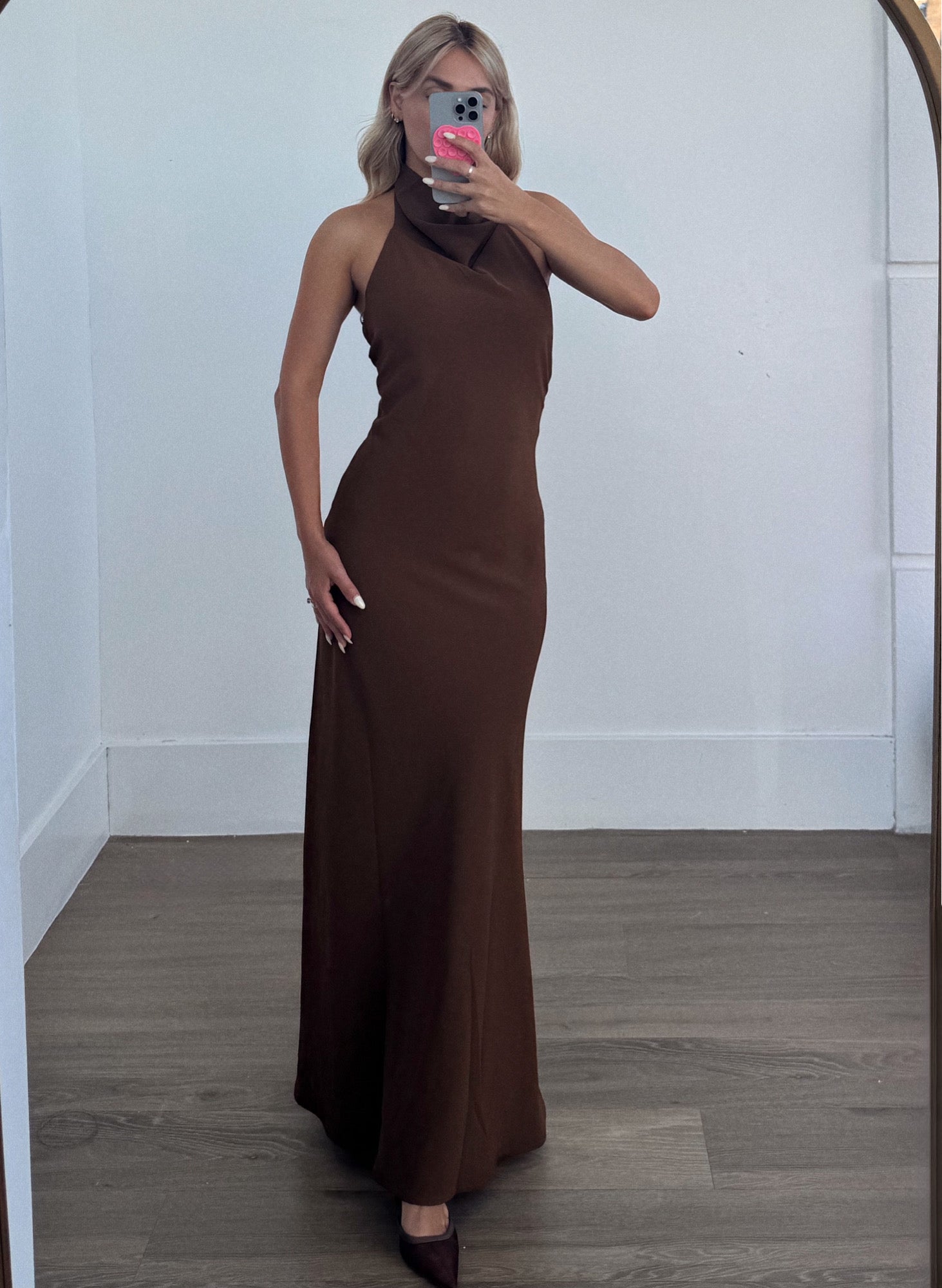 Premium High Cowl Neck Open Back Halter Maxi Dress - Maa Boutique Premium High Cowl Neck Open Back Halter Maxi Dress - Maa Boutique