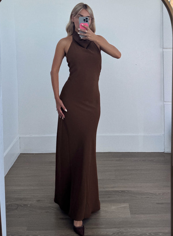 cowl neck halter dress Premium High Cowl Neck Open Back Halter Maxi Dress