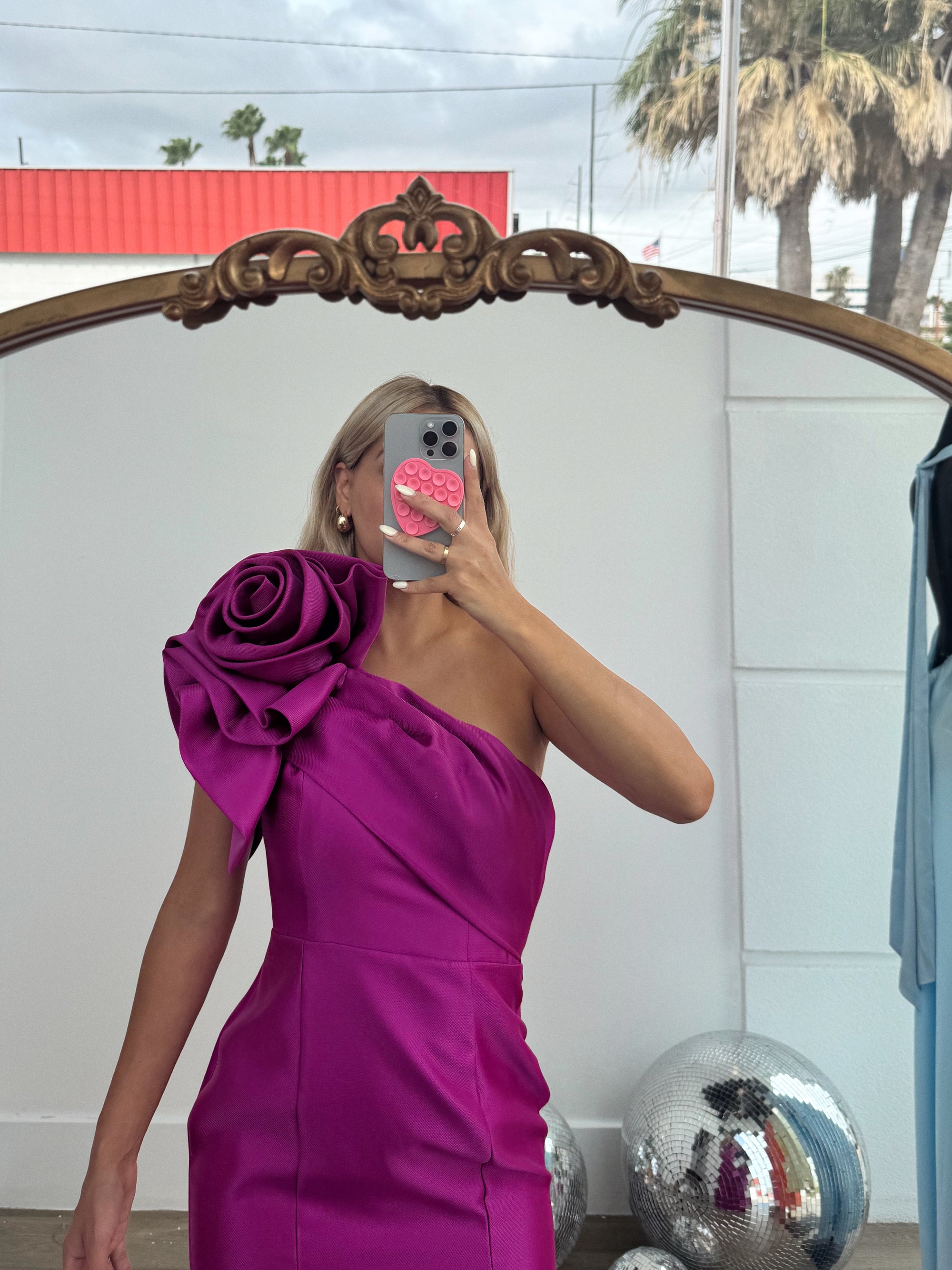 Magenta Prom Dress - Asymmetric One Shoulder Design