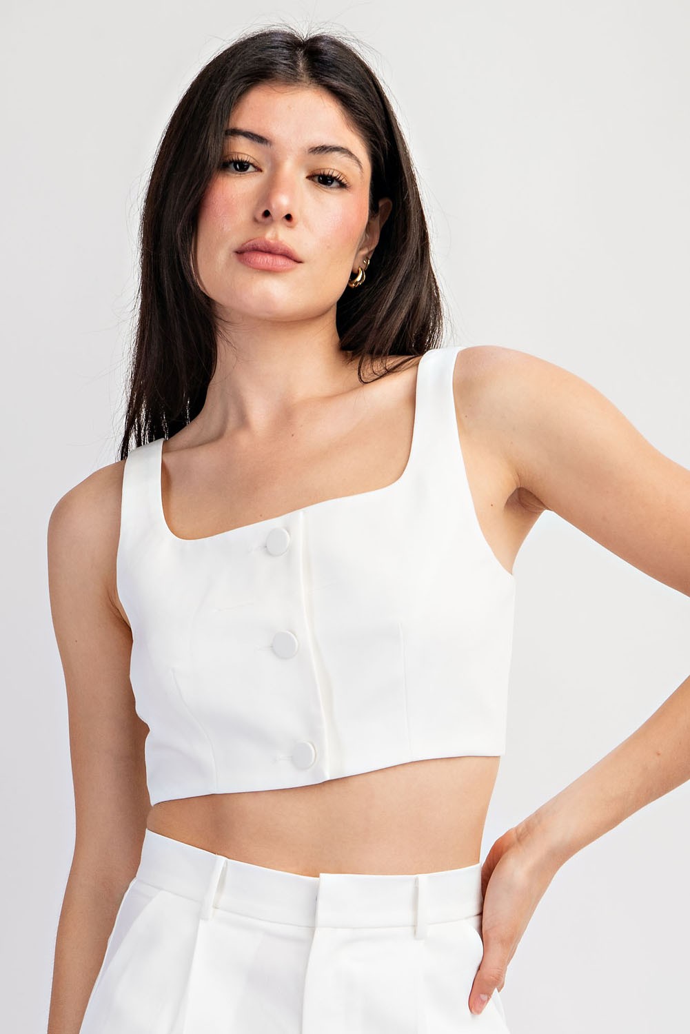 Sleeveless Woven Crop Top with Front Button-Down Detail