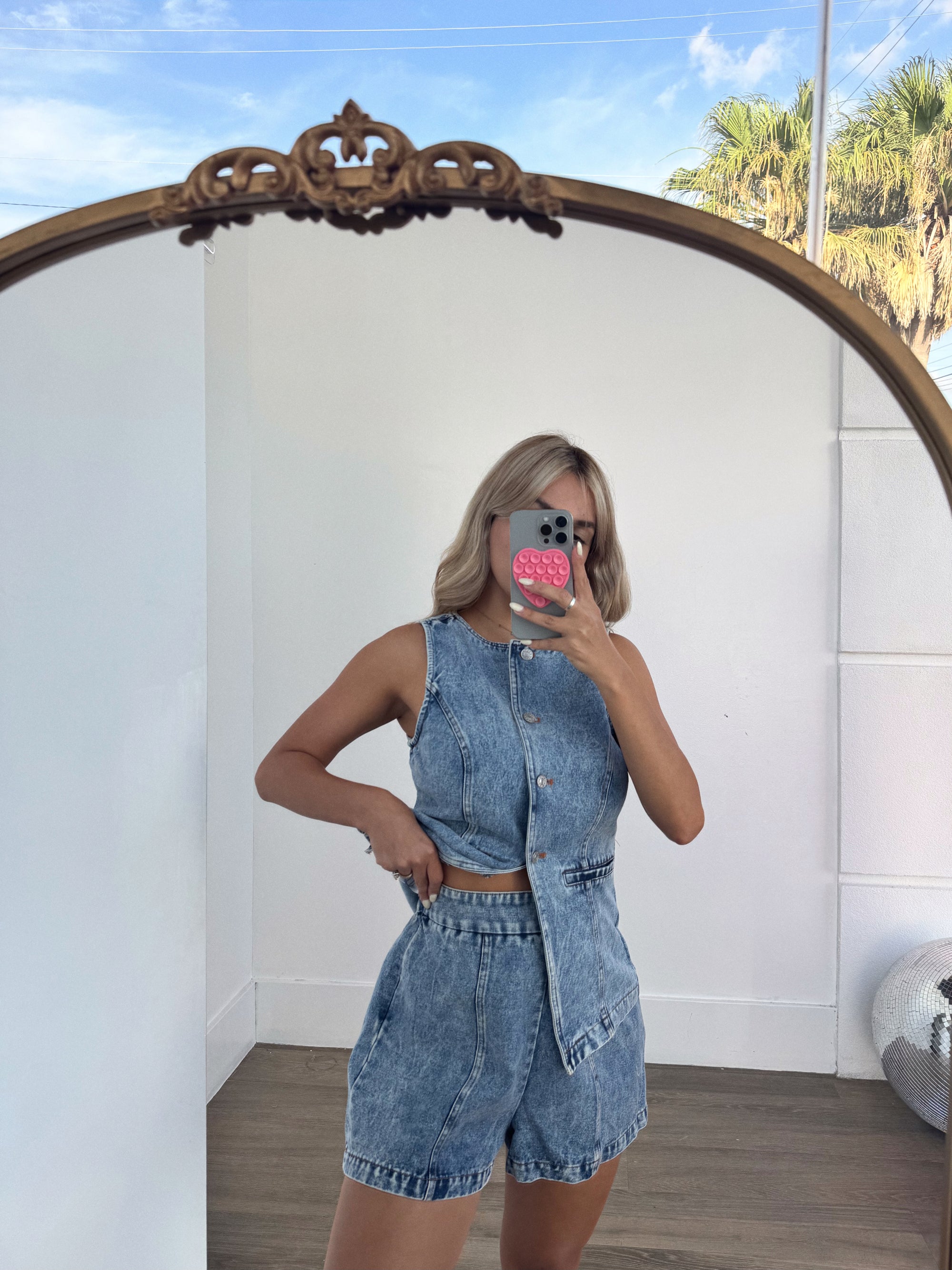 Button Down Denim Vest and Shorts Set - Chic Cotton Blend Outfit