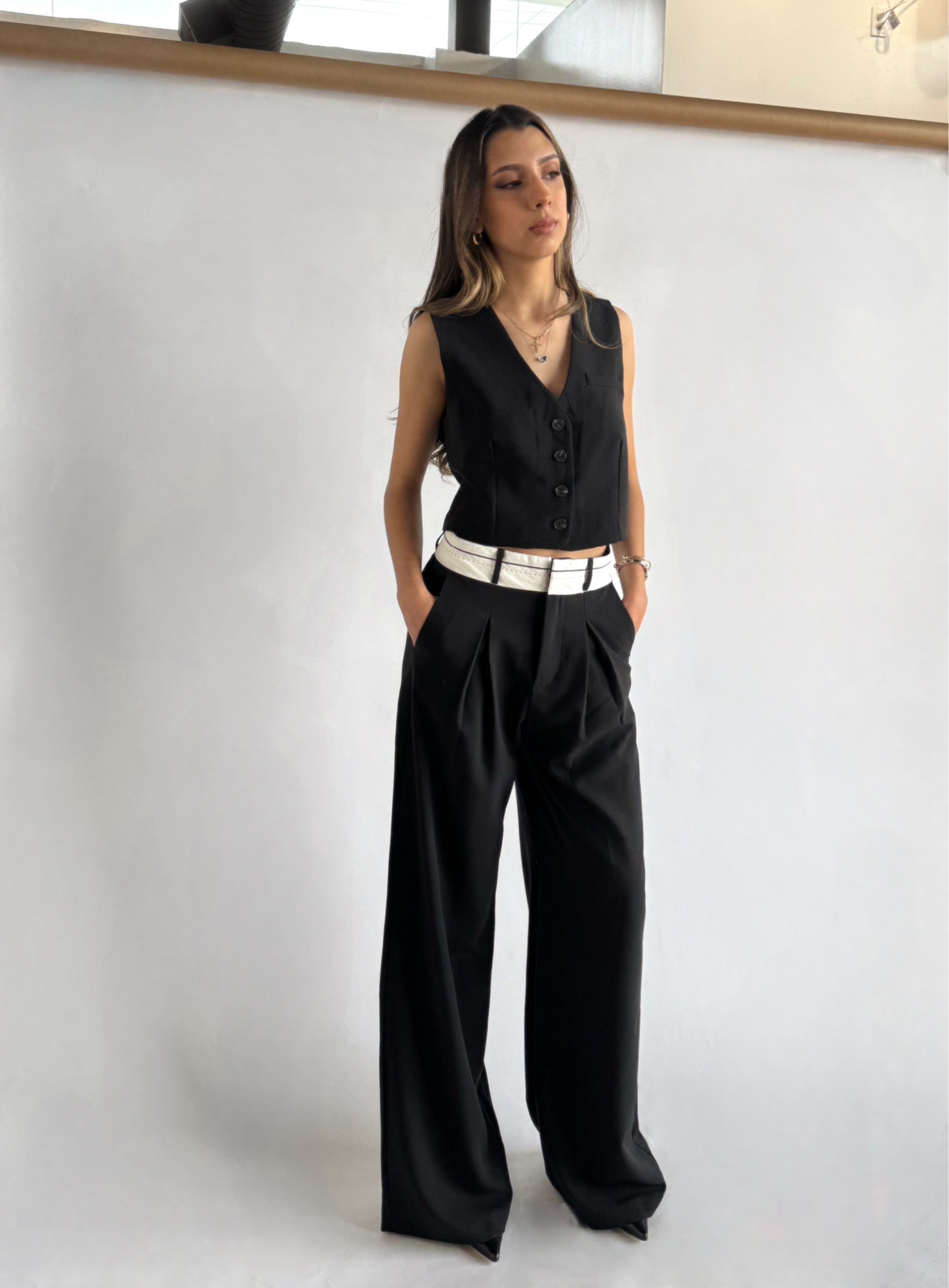 Folded Waistband Wide-Leg Trousers