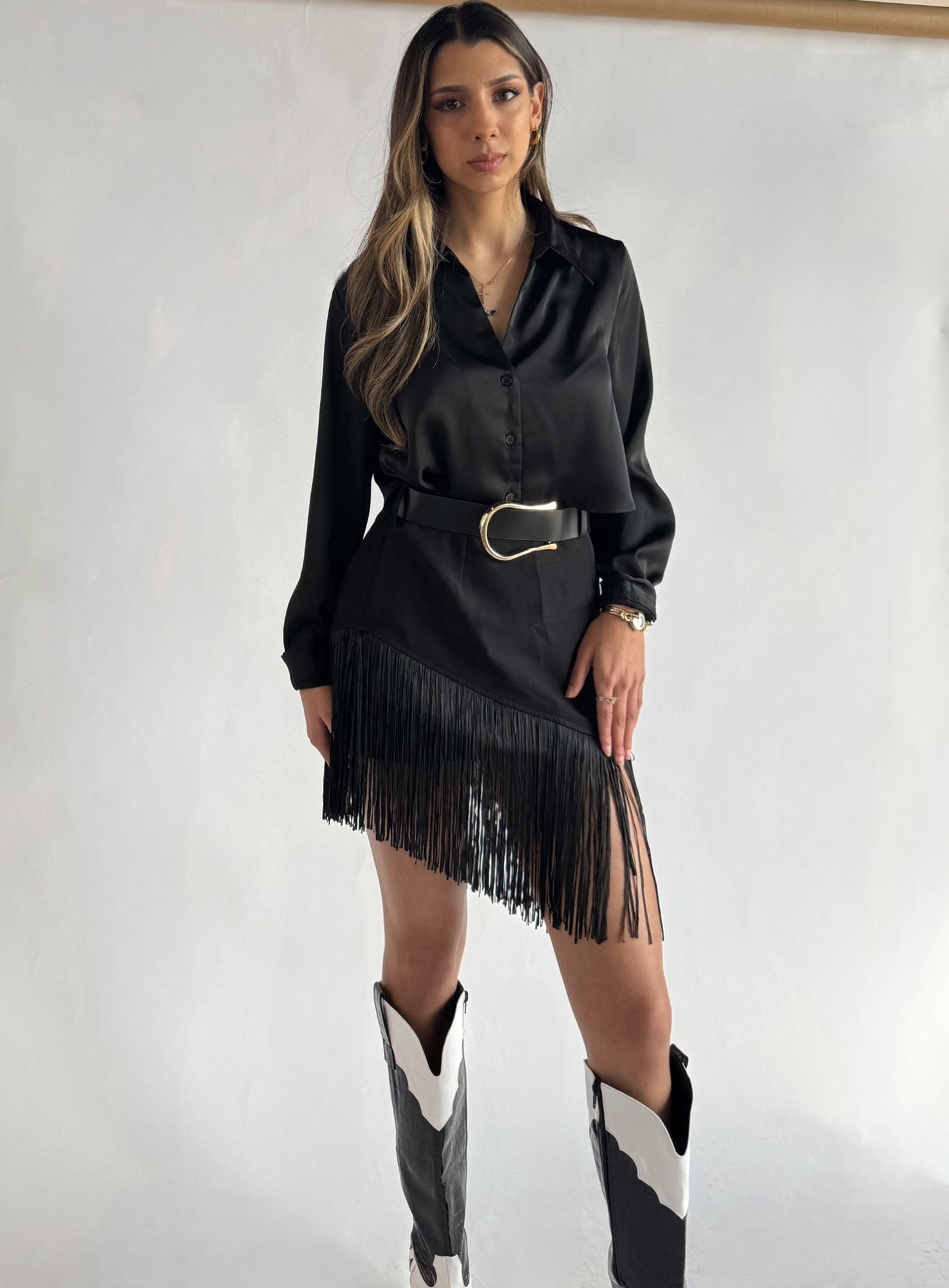 Layered Tassel Fringed Mini Skirt with Belt