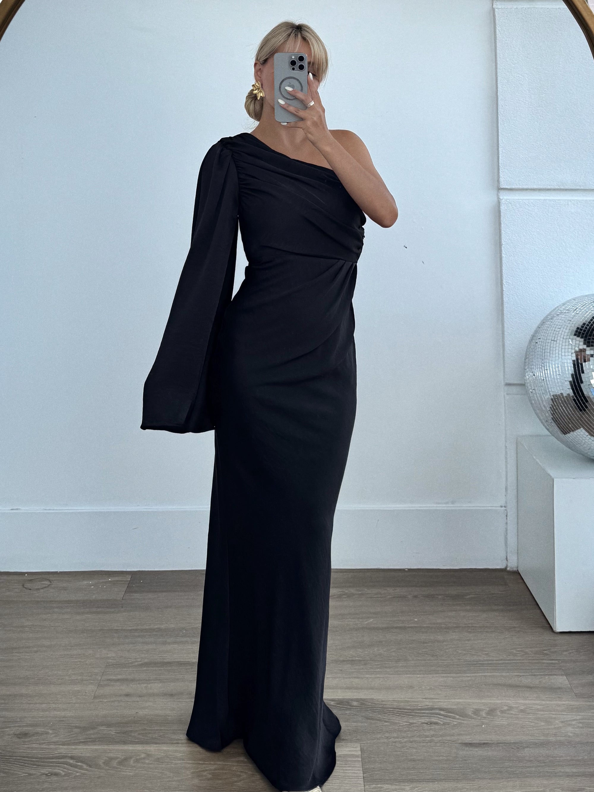 Elegant Gathered Flutter One Sleeve Maxi Dress