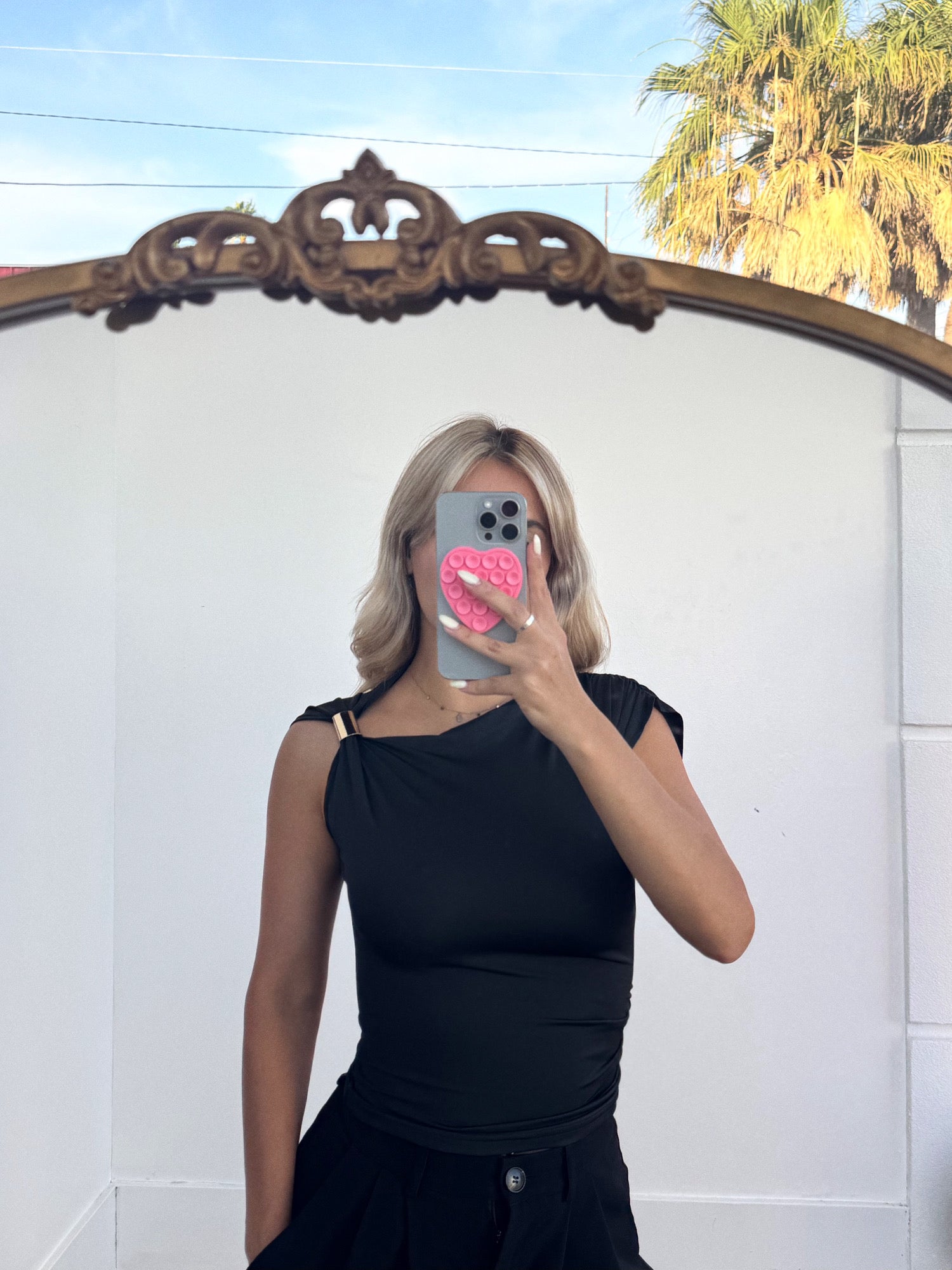 Stylish Asymmetrical Shoulder Ruched Top with Gold Trim Accent