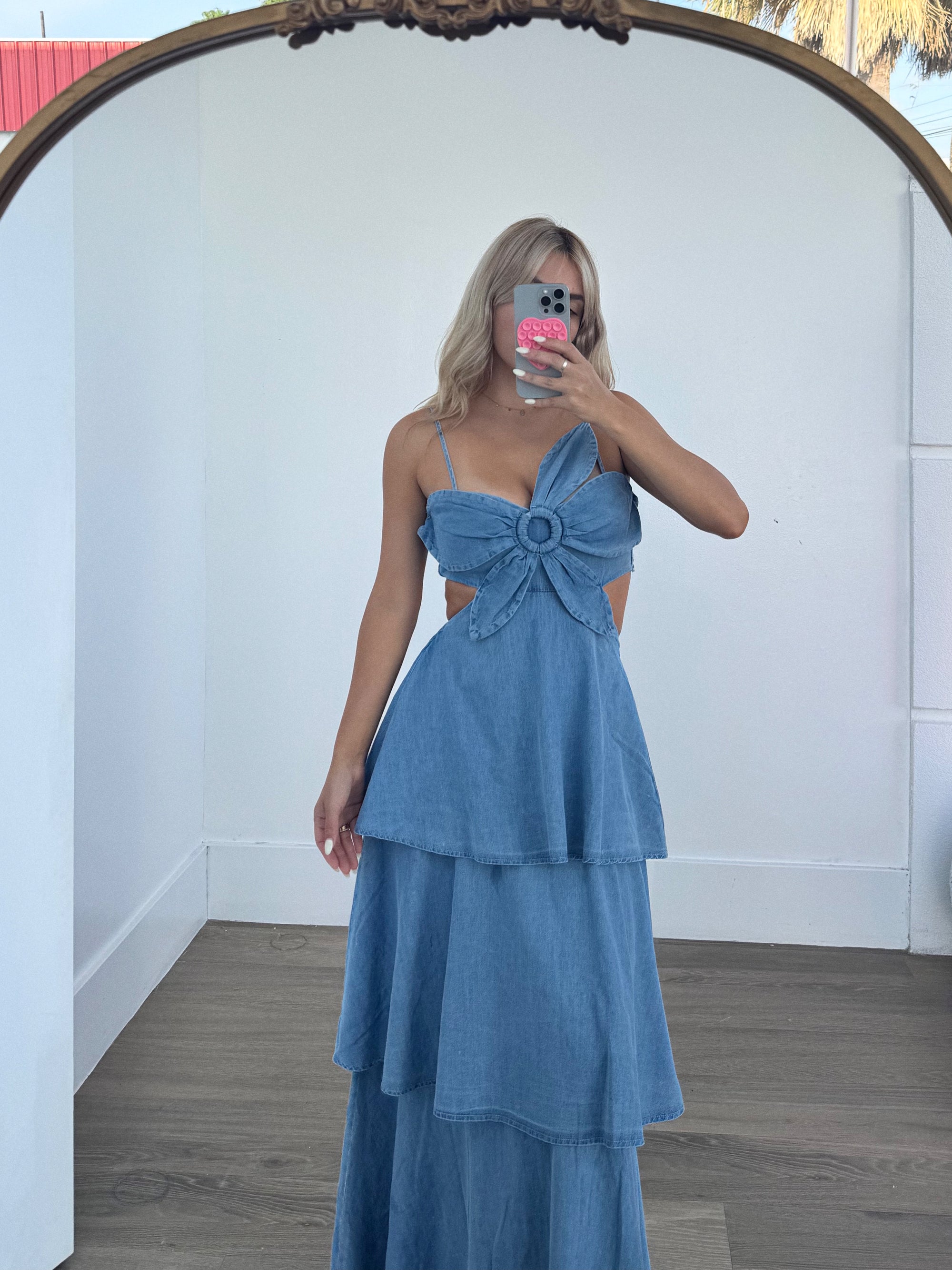 Exclusive Denim Flower Front Tiered Ruffled Flare Maxi Dress - Premium 100% Polyester - Maa Boutique Exclusive Denim Flower Front Tiered Ruffled Flare Maxi Dress - Premium 100% Polyester - Maa Boutique