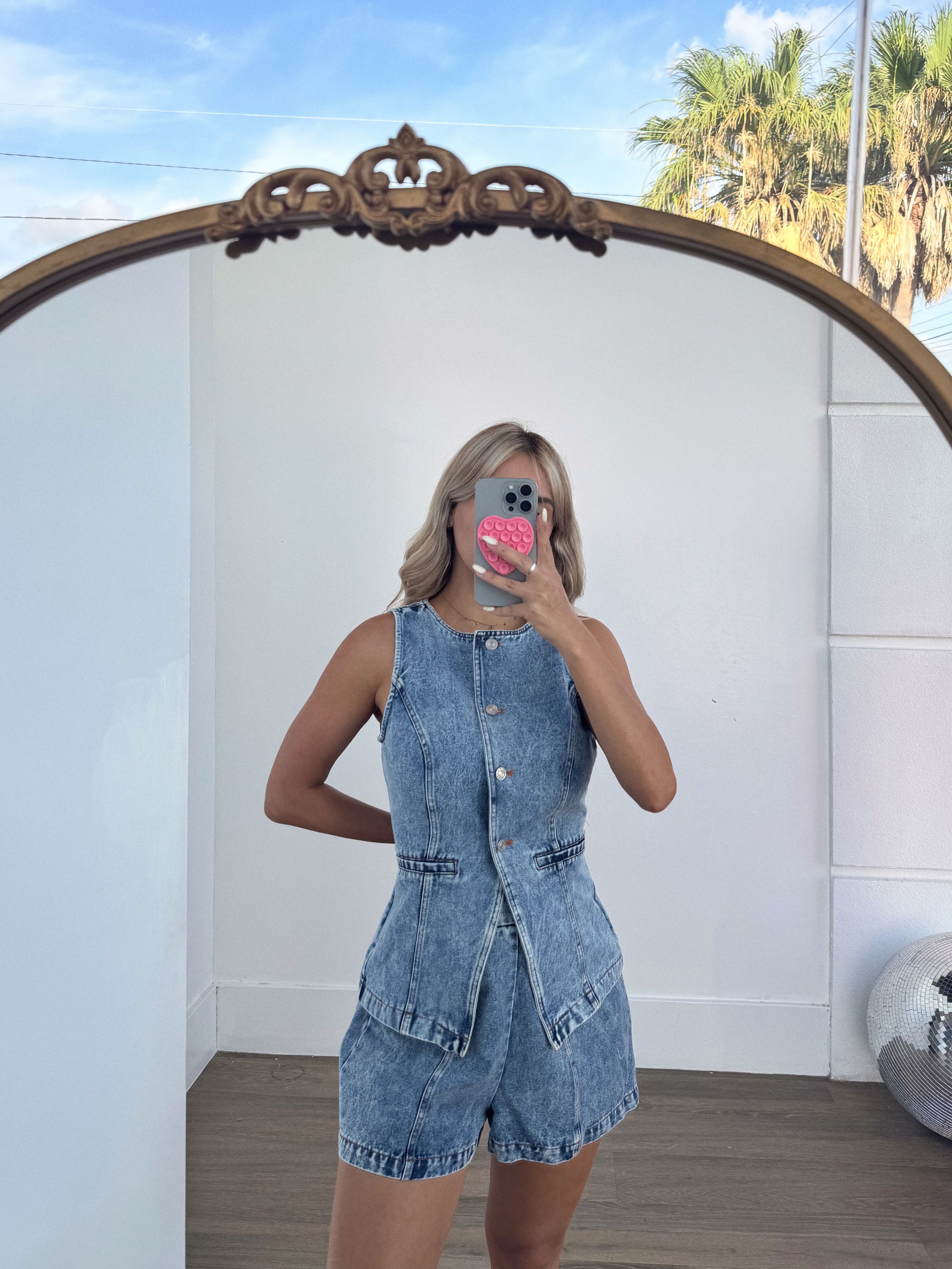 Button Down Denim Vest and Shorts Set - Chic Cotton Blend Outfit