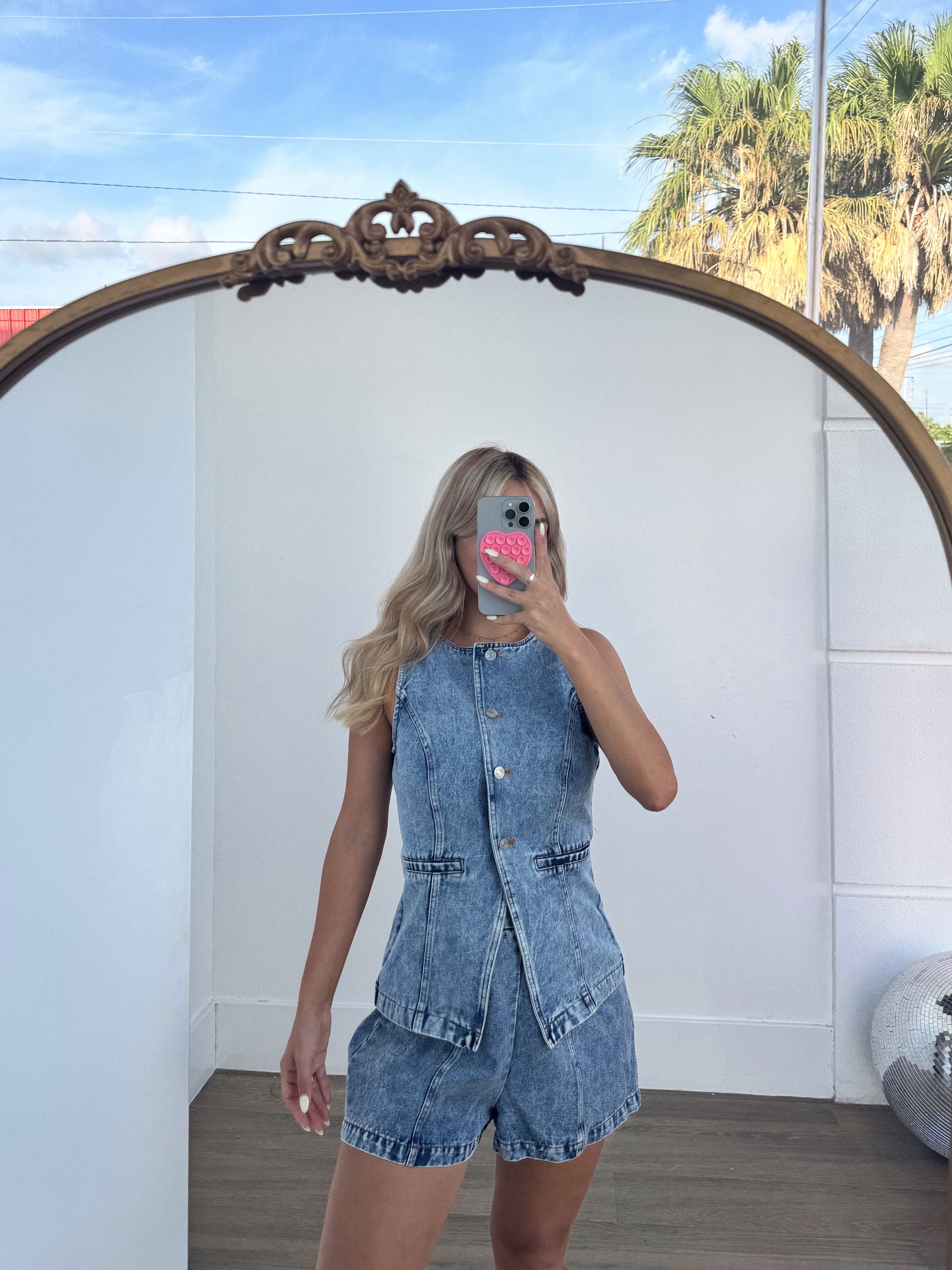 Button Down Denim Vest and Shorts Set - Chic Cotton Blend Outfit