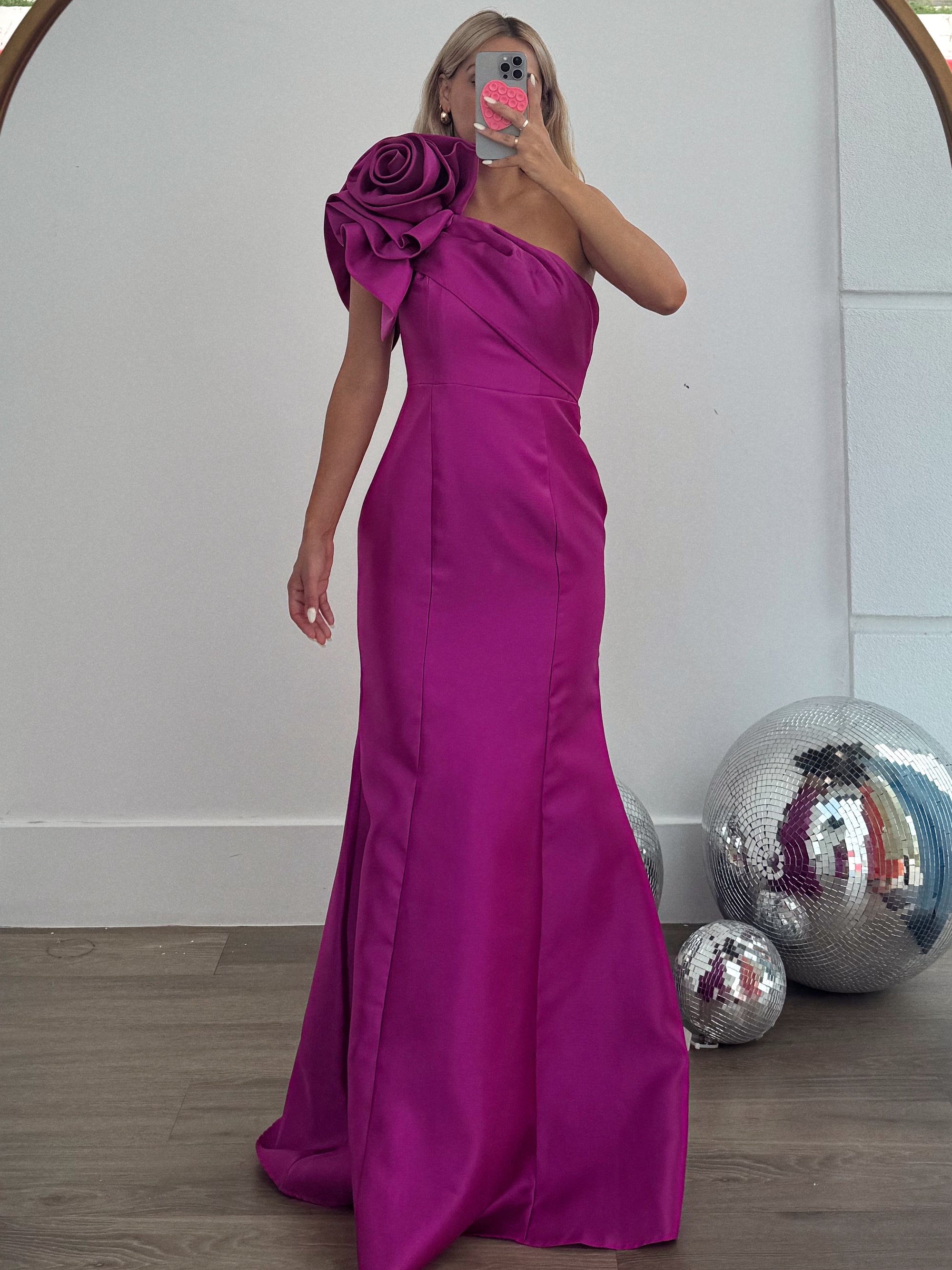 Magenta Prom Dress - Asymmetric One Shoulder Design