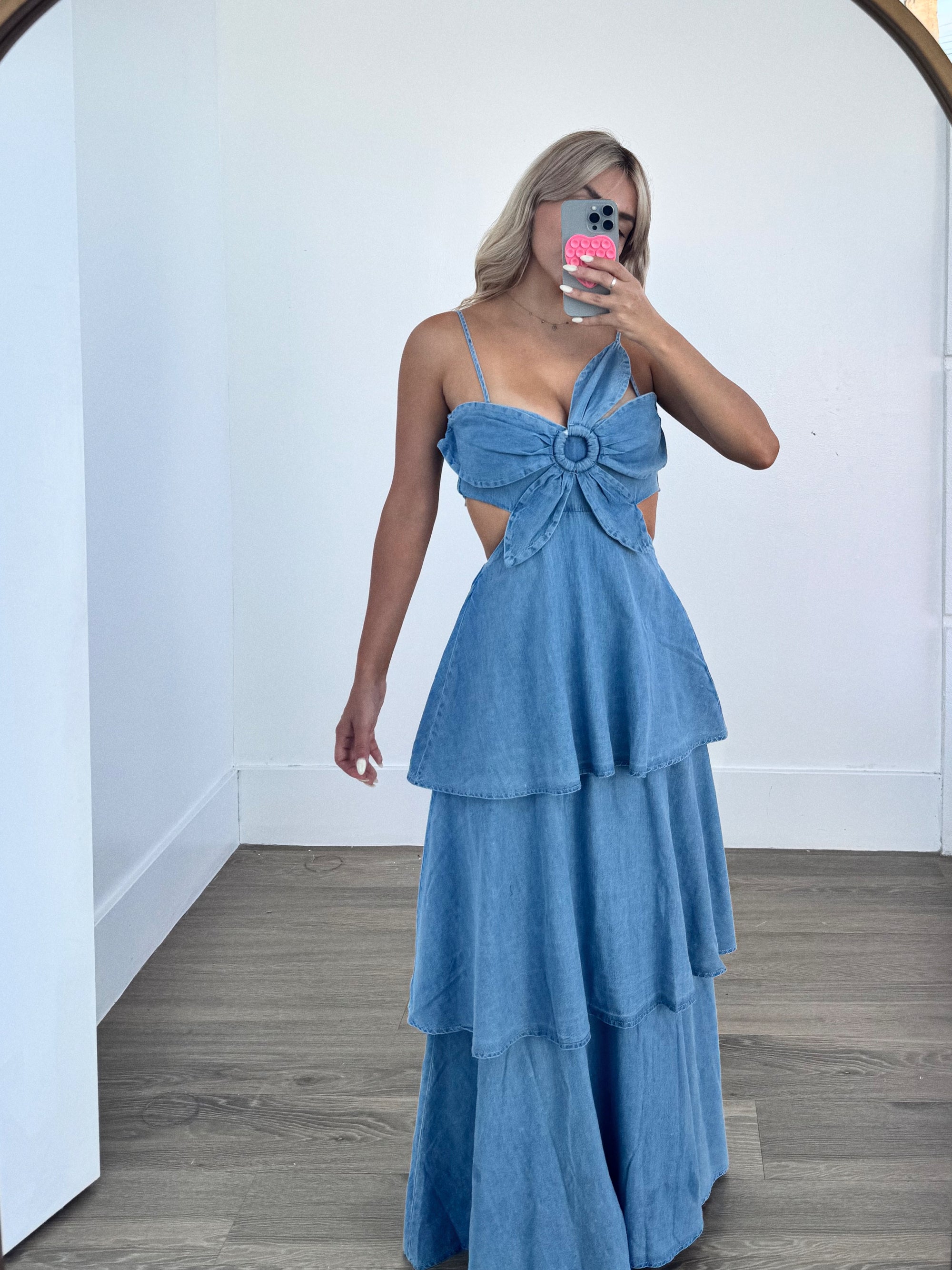 Exclusive Denim Flower Front Tiered Ruffled Flare Maxi Dress - Premium 100% Polyester - Maa Boutique Exclusive Denim Flower Front Tiered Ruffled Flare Maxi Dress - Premium 100% Polyester - Maa Boutique