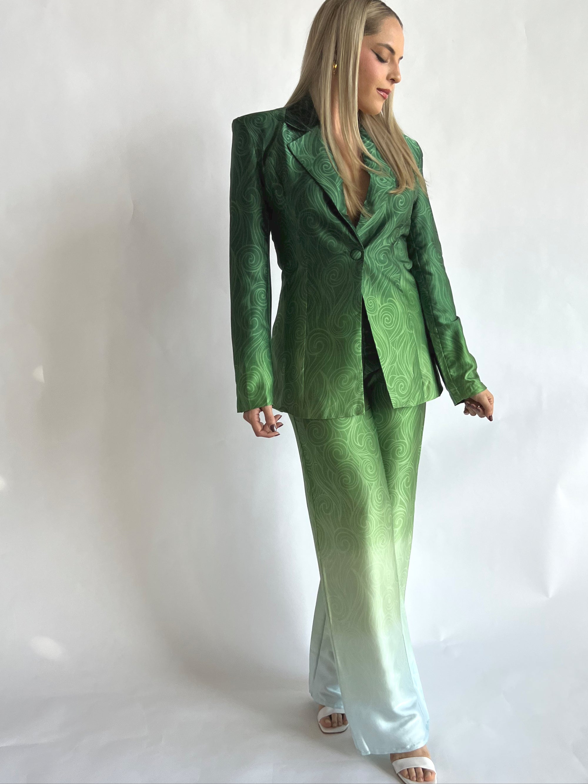 Women Luxury Green Gradient Color Blazer + Mid-High Rise Flare Trouser