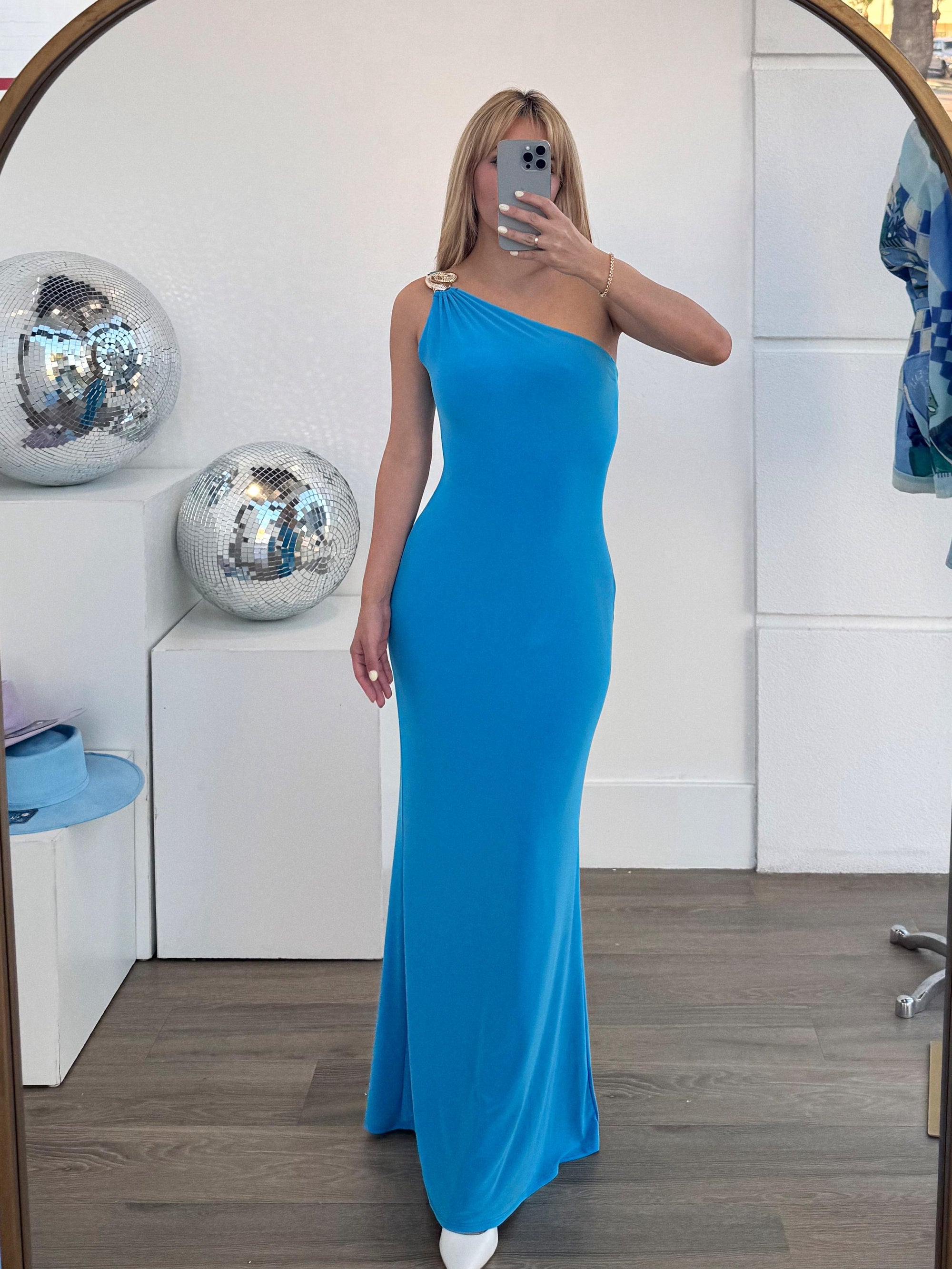 Stunning One Shoulder Maxi Dress with Seashell Embellishment
