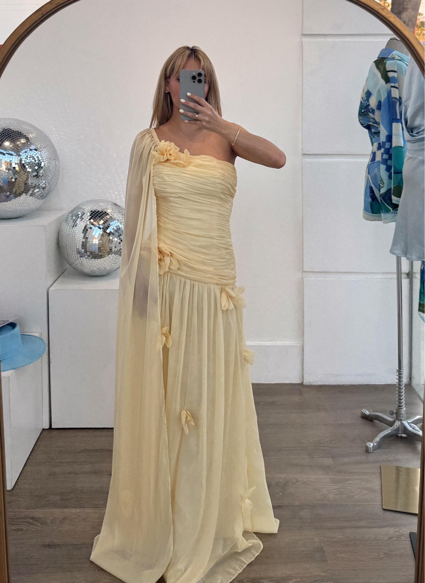 Yellow Floral Detail Chiffon Maxi Dress - Elegant One Shoulder Design