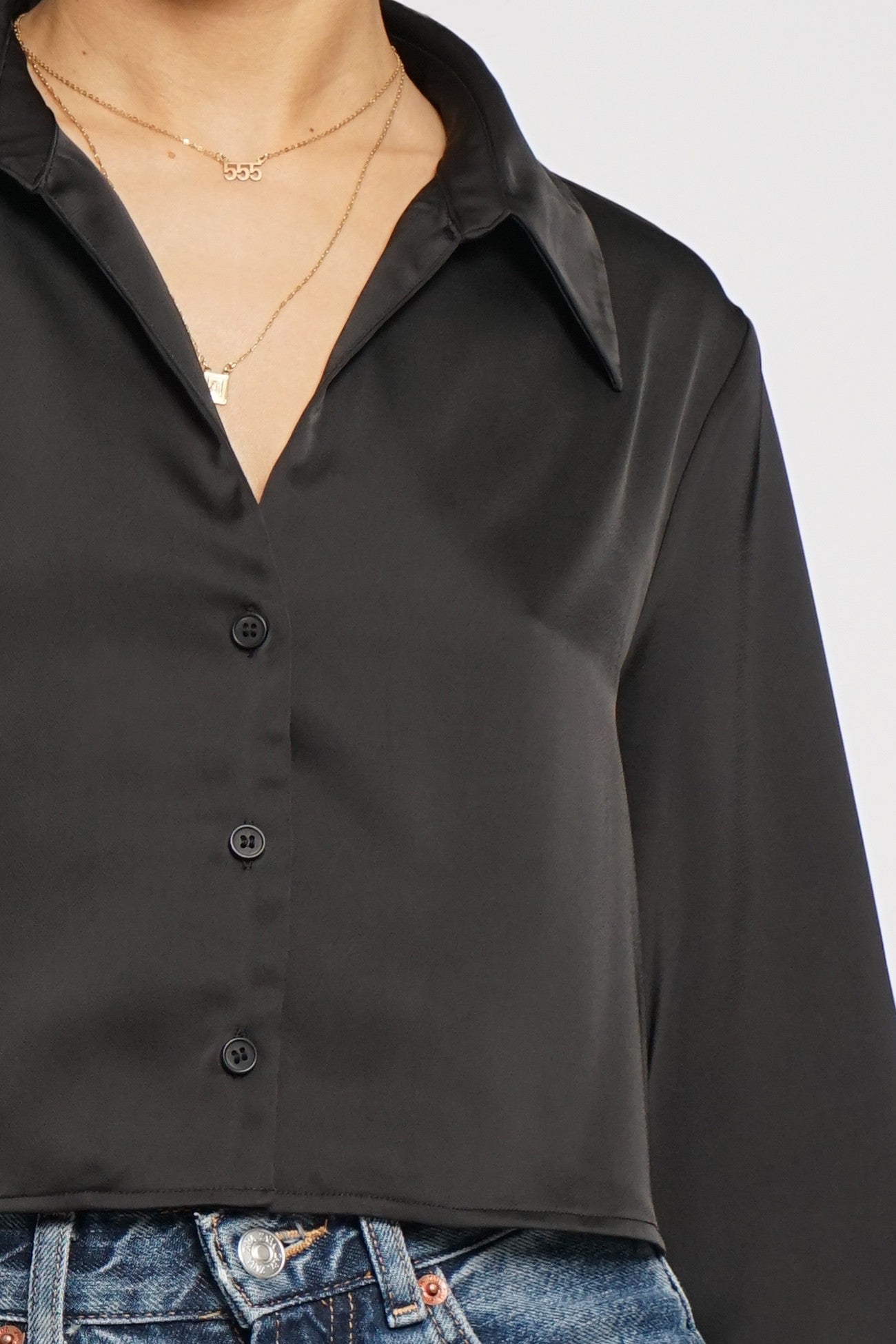 Cropped Satin Blouse with Collar