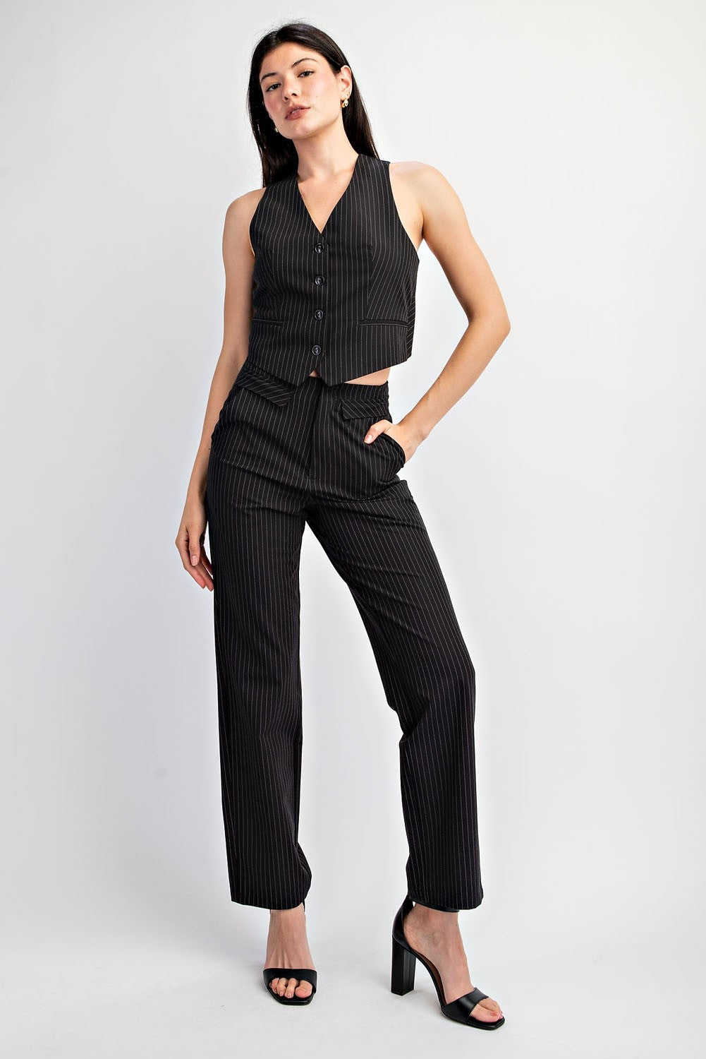 Striped Woven Wrap Vest and Long Pants Set